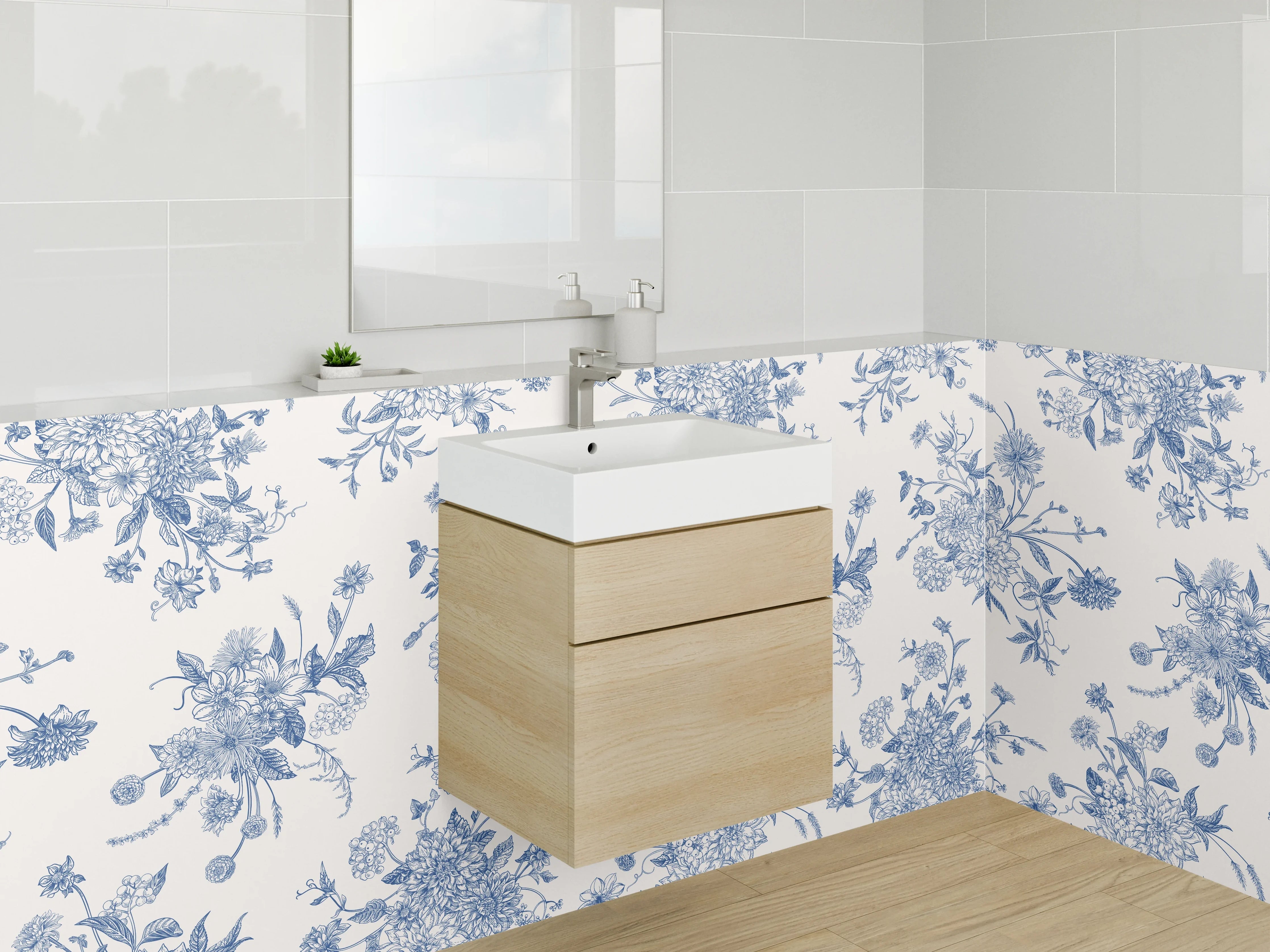 Waschbecken-Rückwand - Blaue Blumen Ornamente Muster