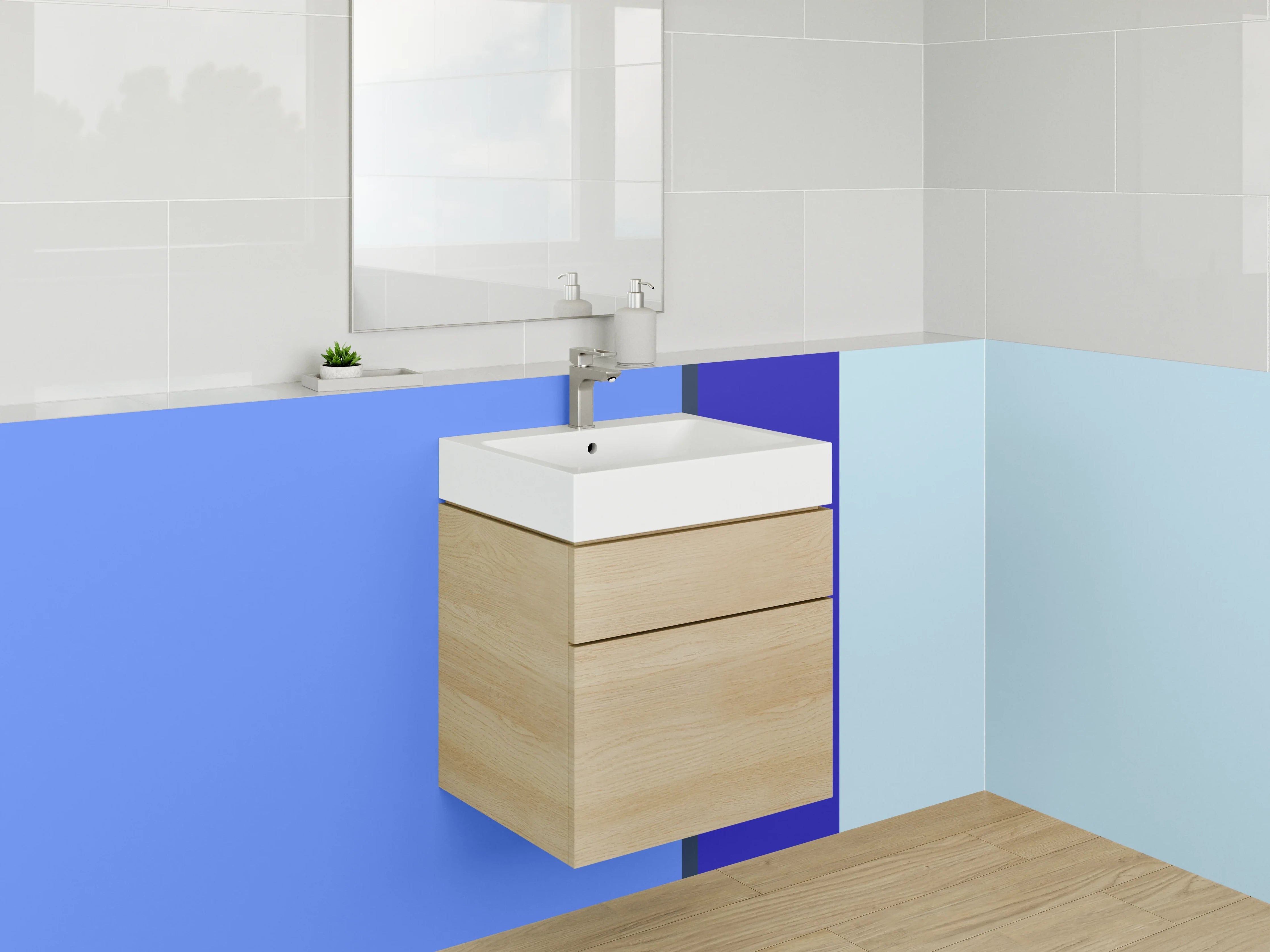 Waschbecken-Rückwand - Blaue Farbblöcke im minimalistischen Design