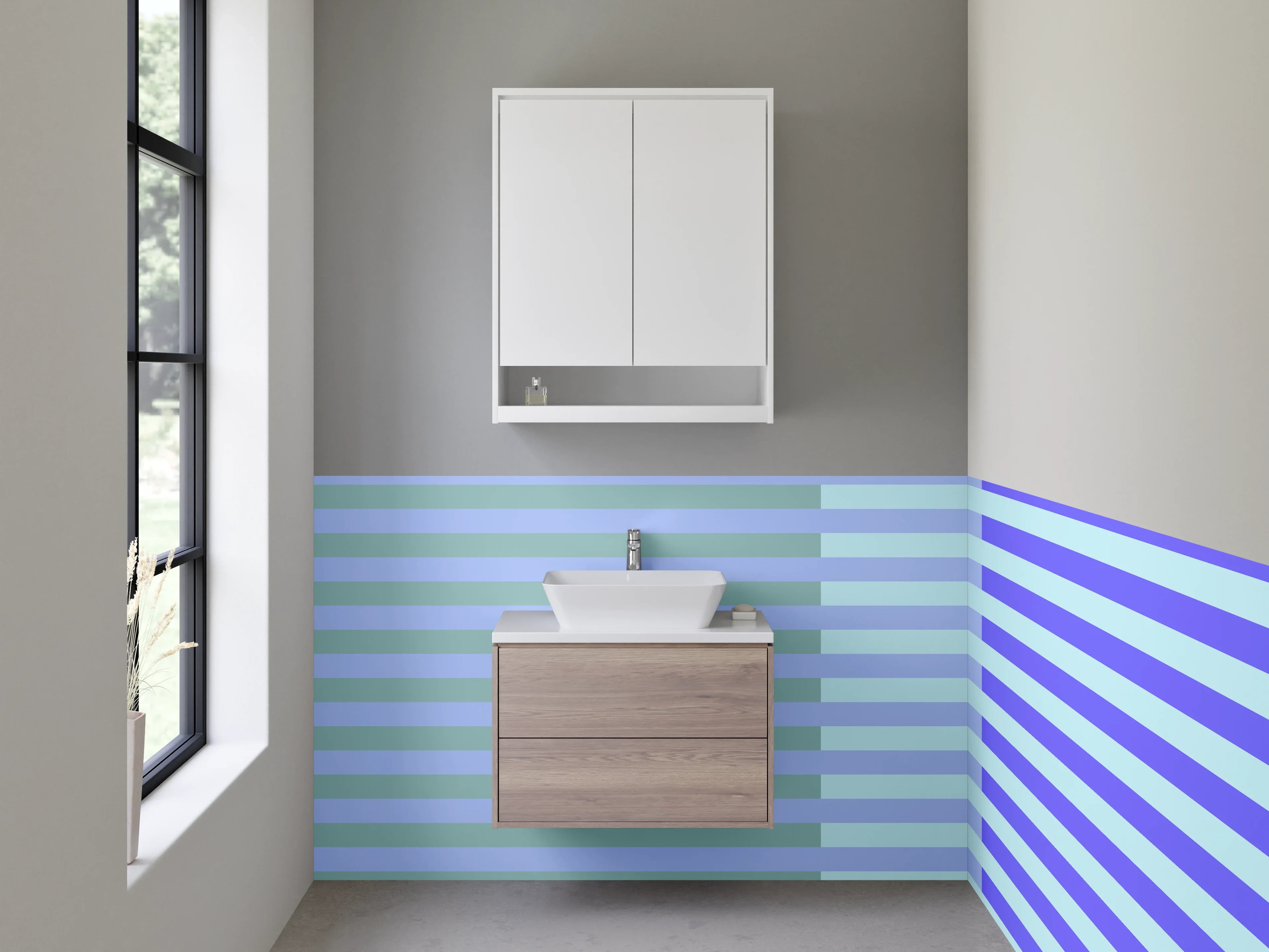 Waschbecken-Rückwand - Blaue Linien auf grauem Hintergrund