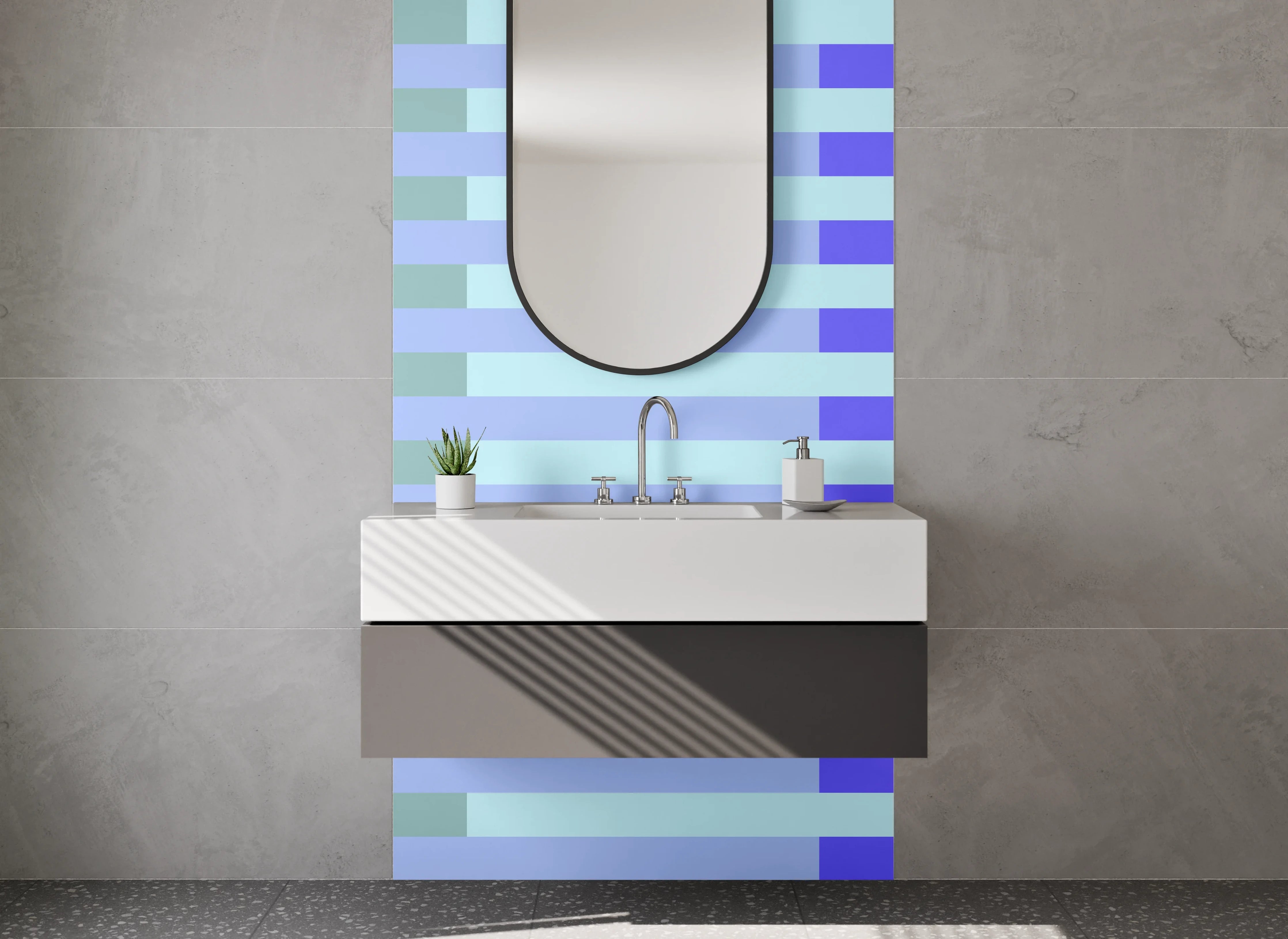 Waschbecken-Rückwand - Blaue Linien auf grauem Hintergrund