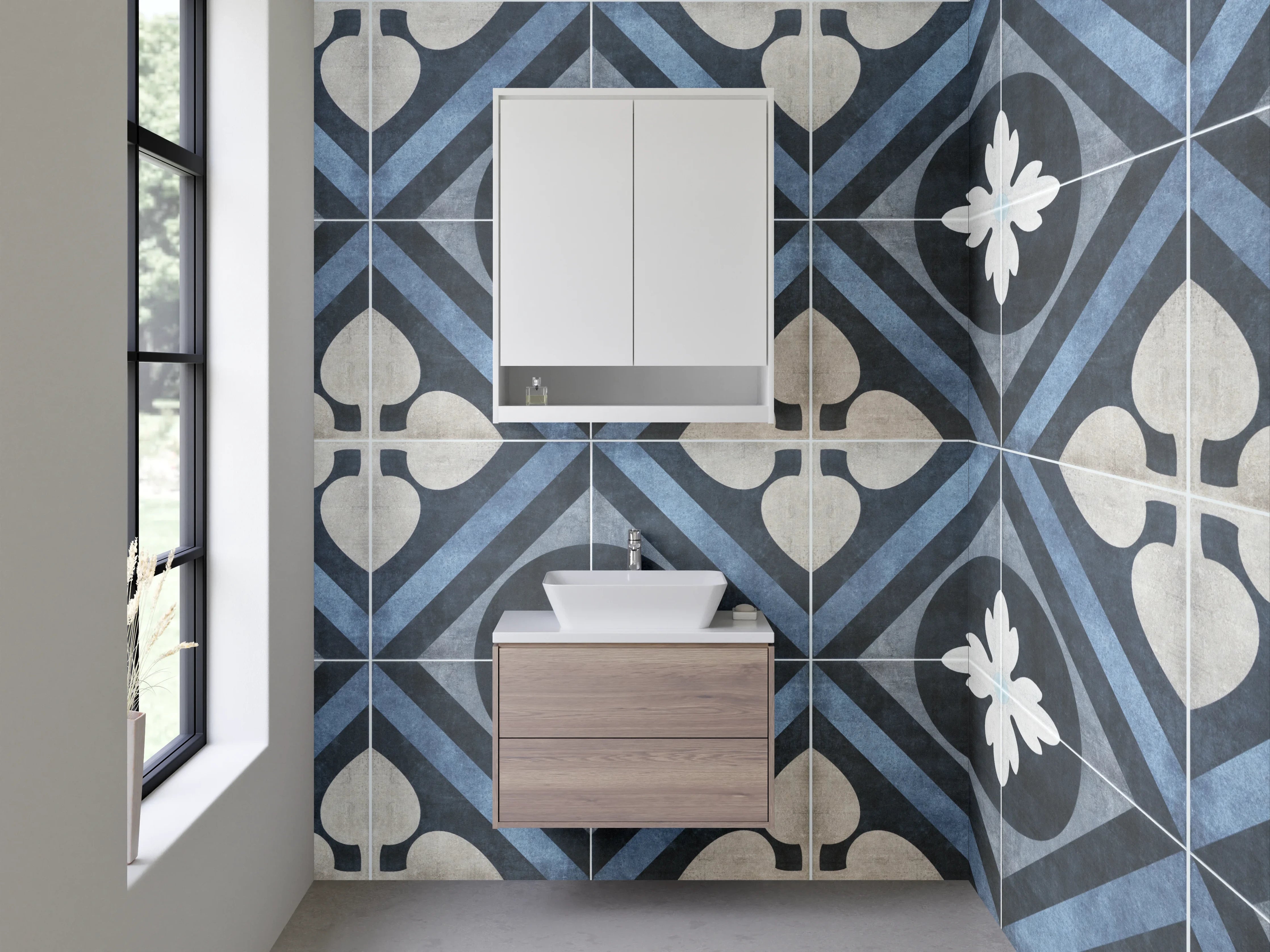 Waschbecken-Rückwand - Blaue Ornamente mit grauweißen Akzenten