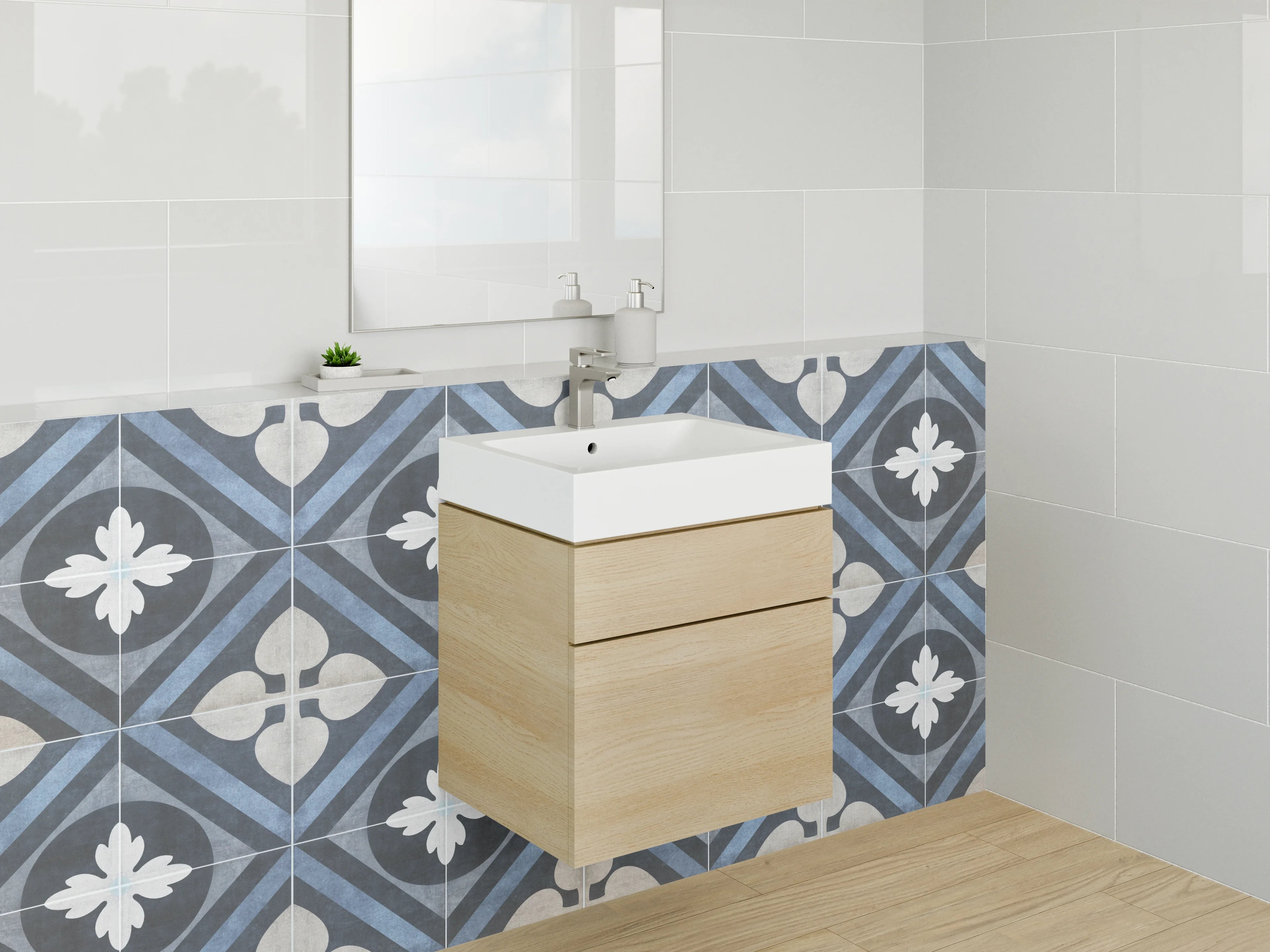 Waschbecken-Rückwand - Blaue Ornamente mit grauweißen Akzenten
