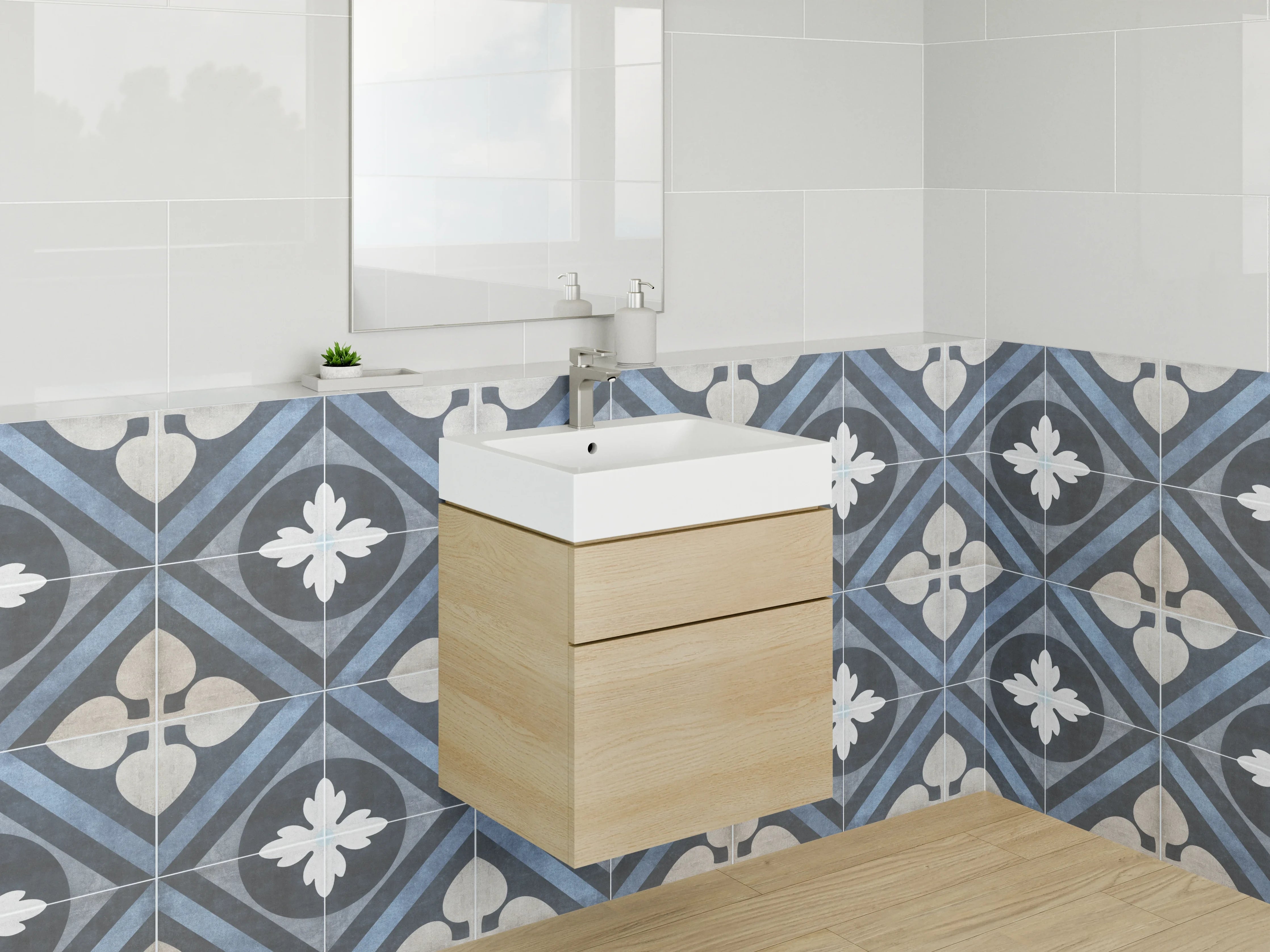 Waschbecken-Rückwand - Blaue Ornamente mit grauweißen Akzenten