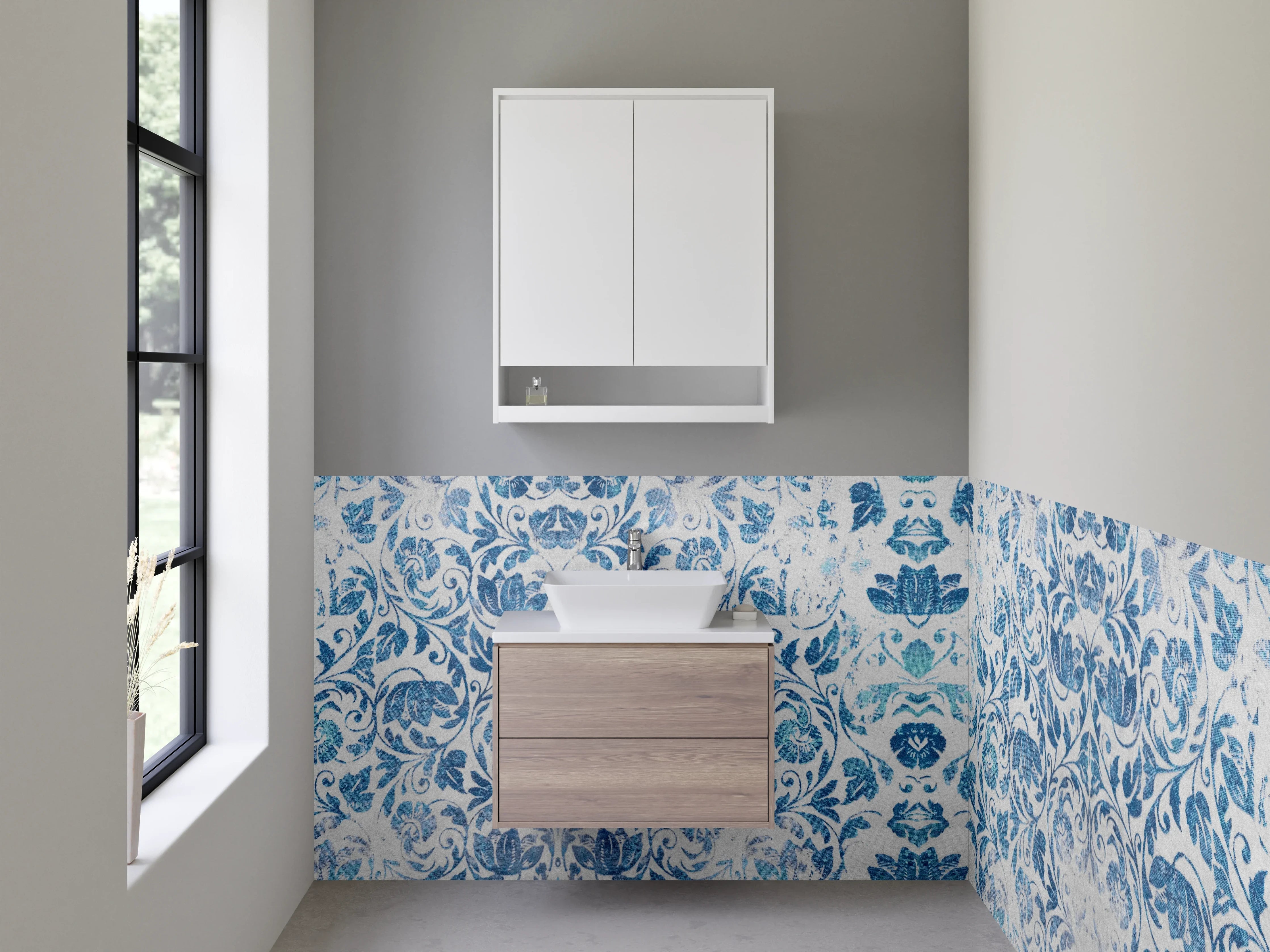 Waschbecken-Rückwand - Blaue Ornamentik Aquarell Musterfliesen