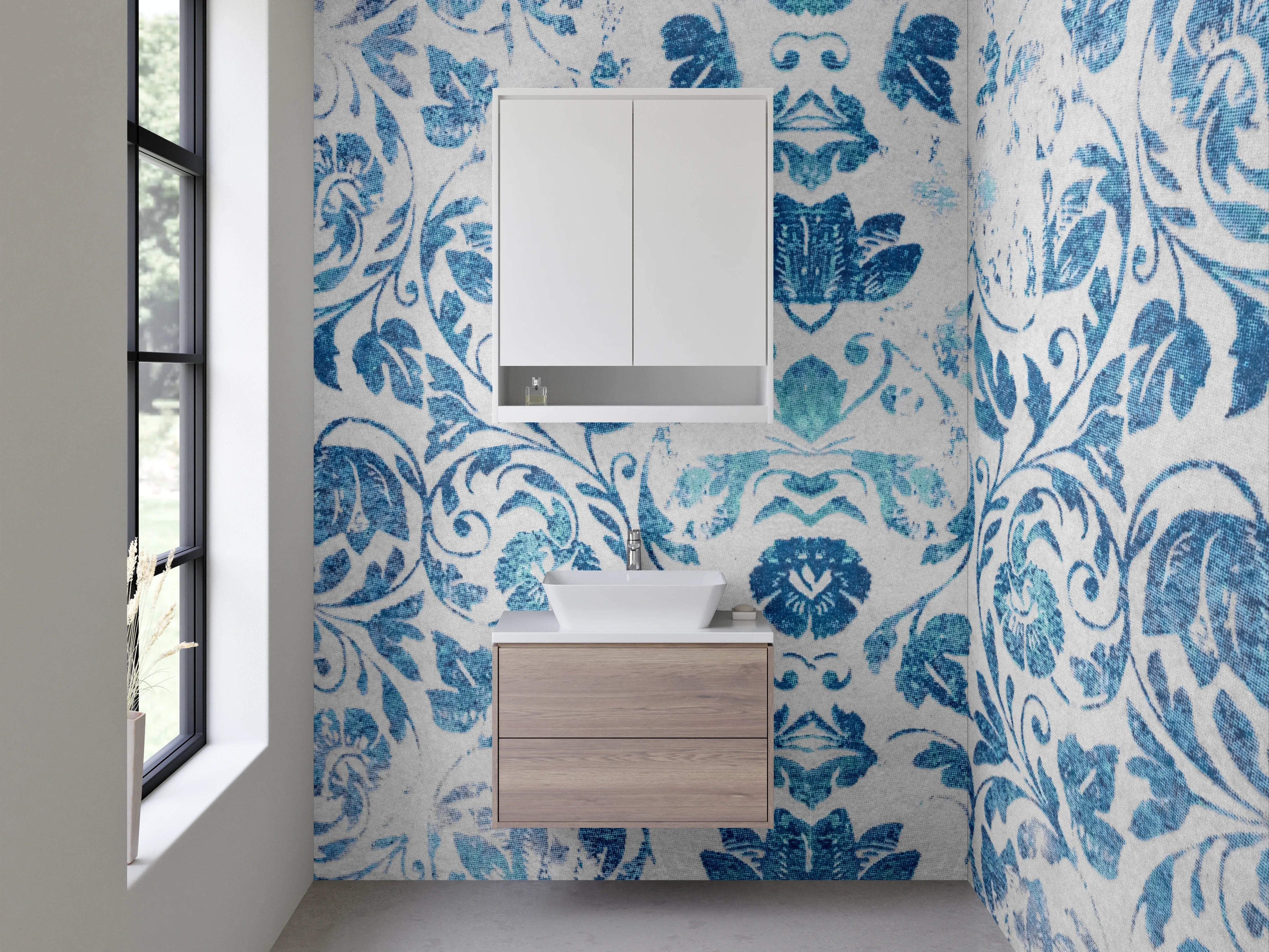 Waschbecken-Rückwand - Blaue Ornamentik Aquarell Musterfliesen