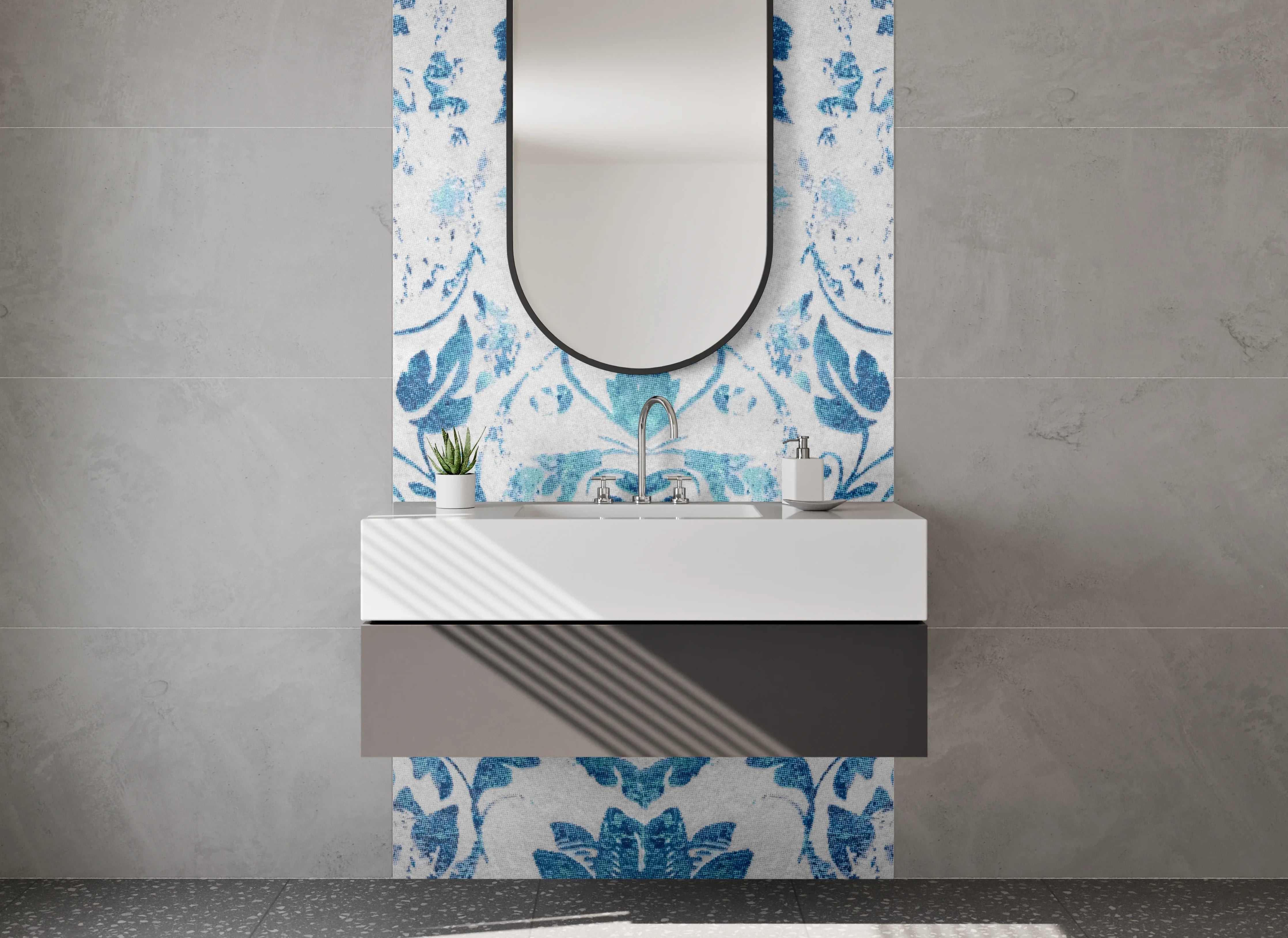 Waschbecken-Rückwand - Blaue Ornamentik Aquarell Musterfliesen