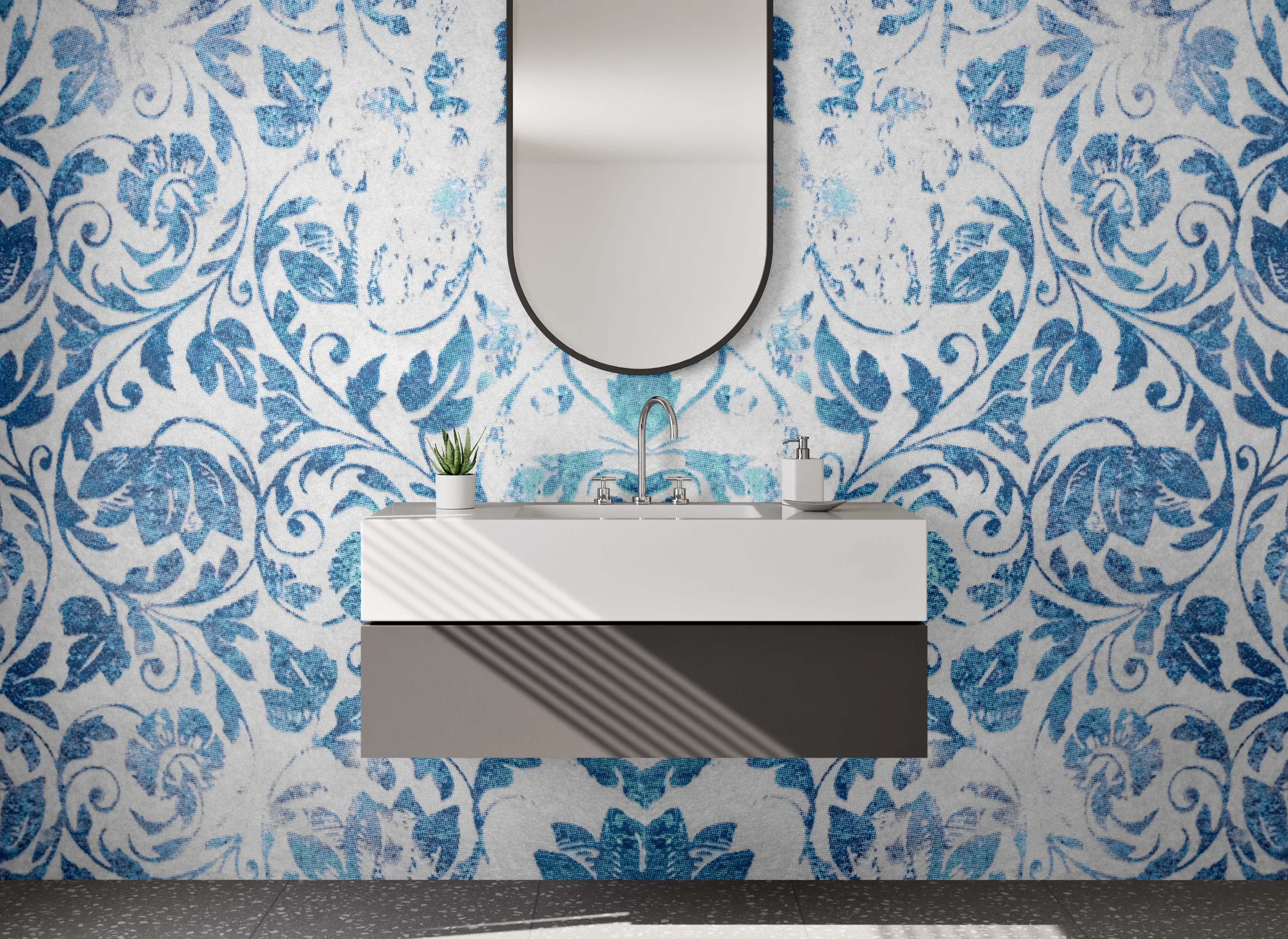 Waschbecken-Rückwand - Blaue Ornamentik Aquarell Musterfliesen