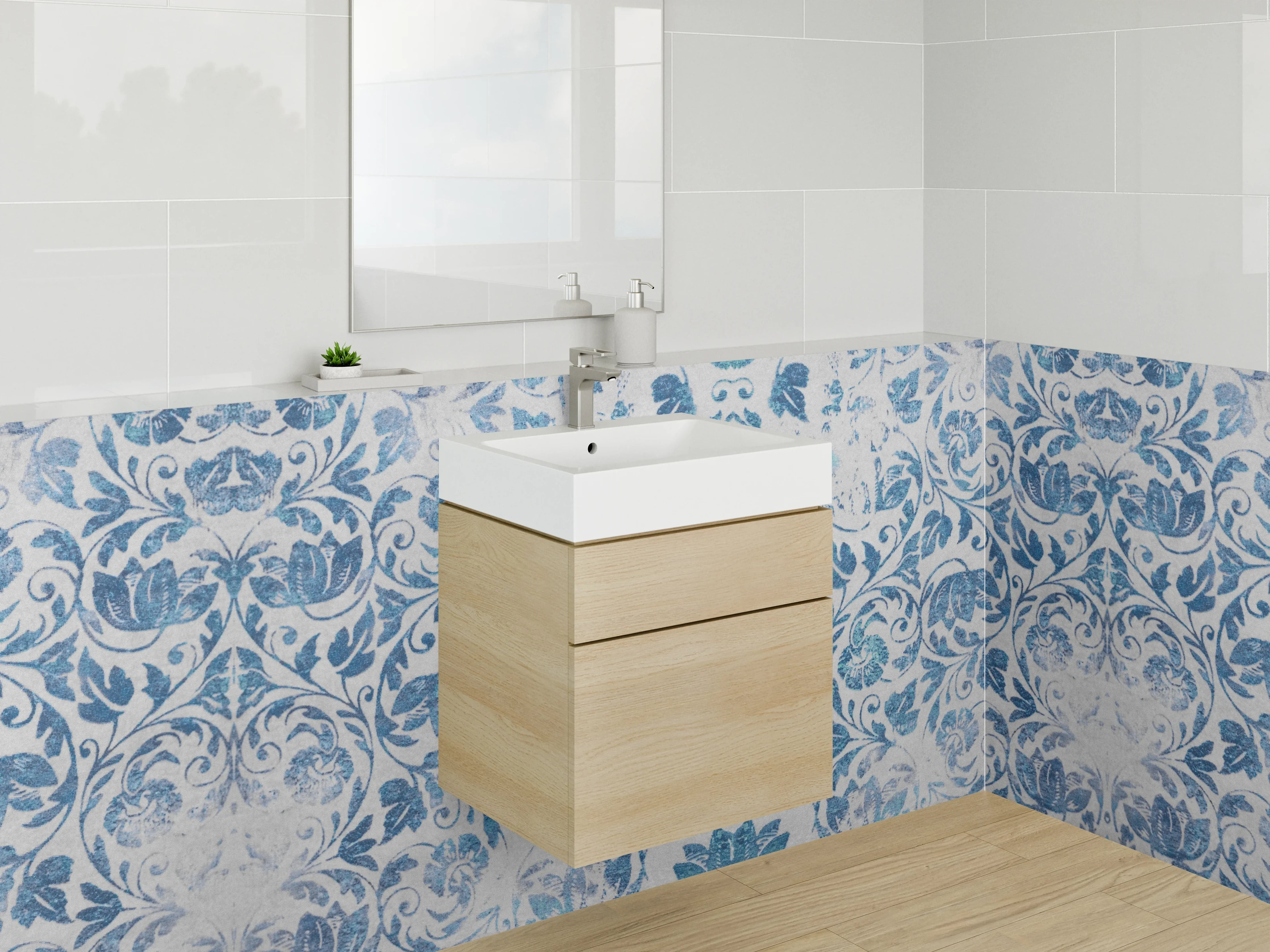 Waschbecken-Rückwand - Blaue Ornamentik Aquarell Musterfliesen