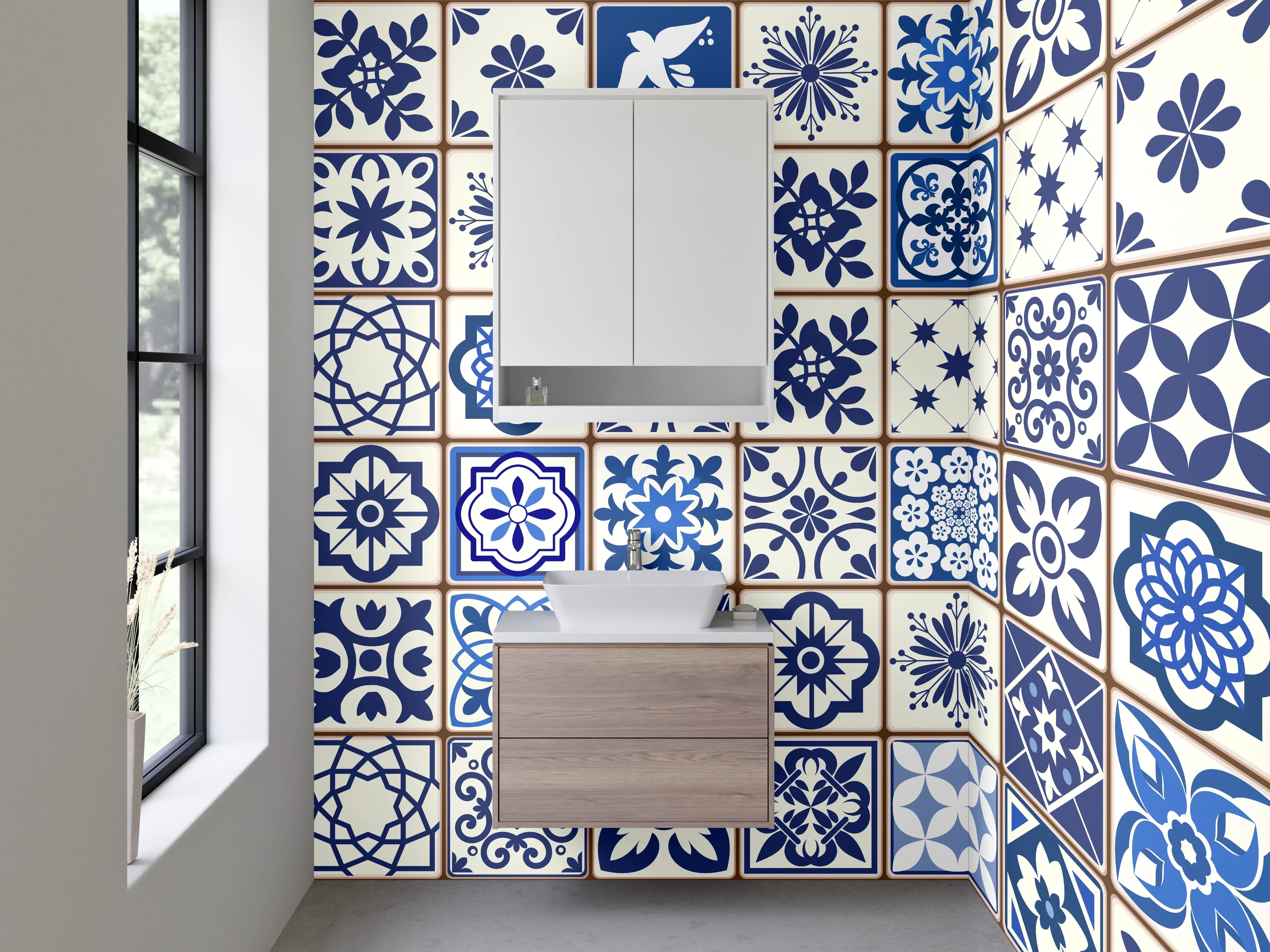Waschbecken-Rückwand - Blaue Retro-Fliesen Ornamente Küche