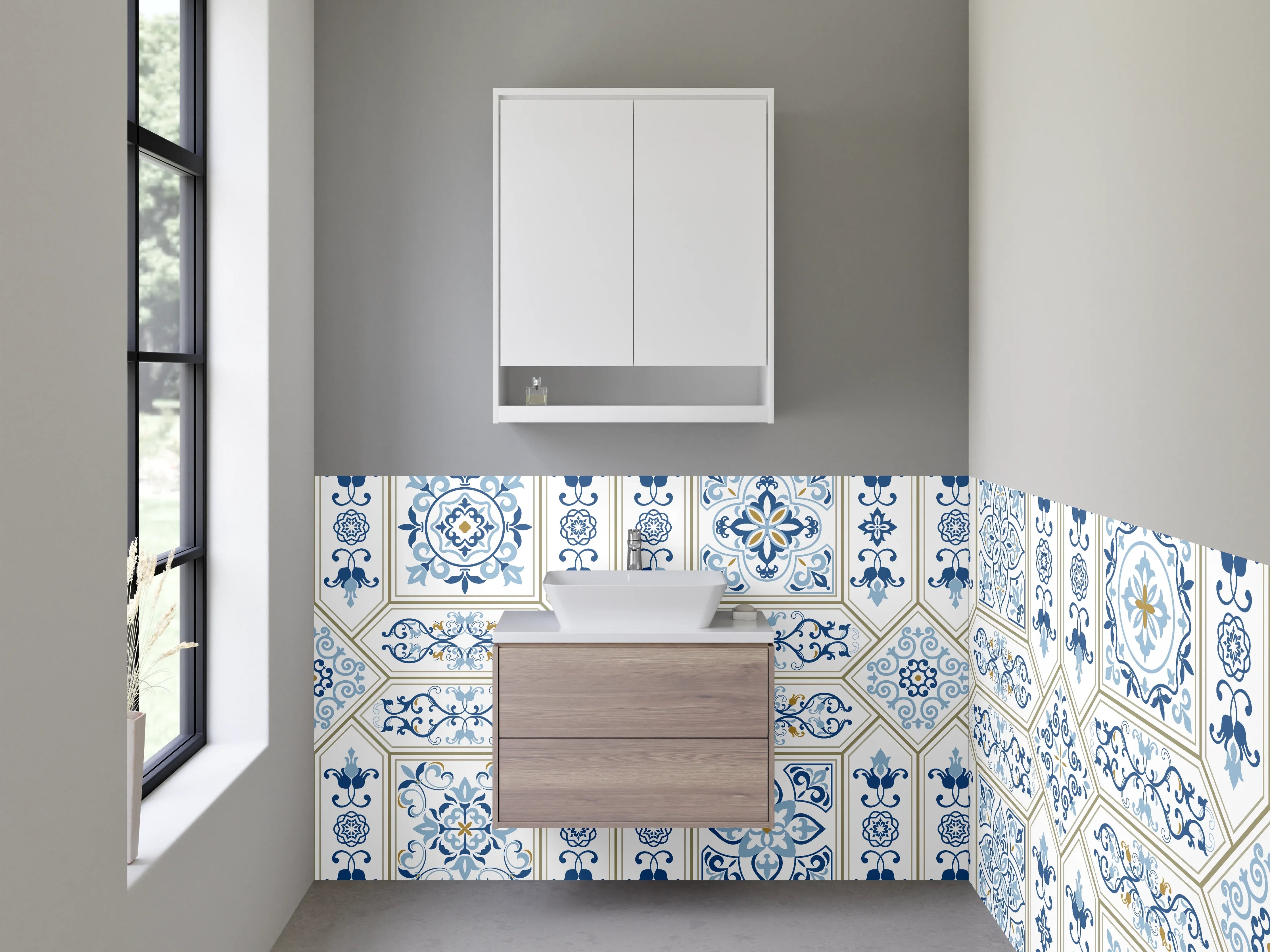 Waschbecken-Rückwand - Blaue Retro-Mosaikfliesen Muster