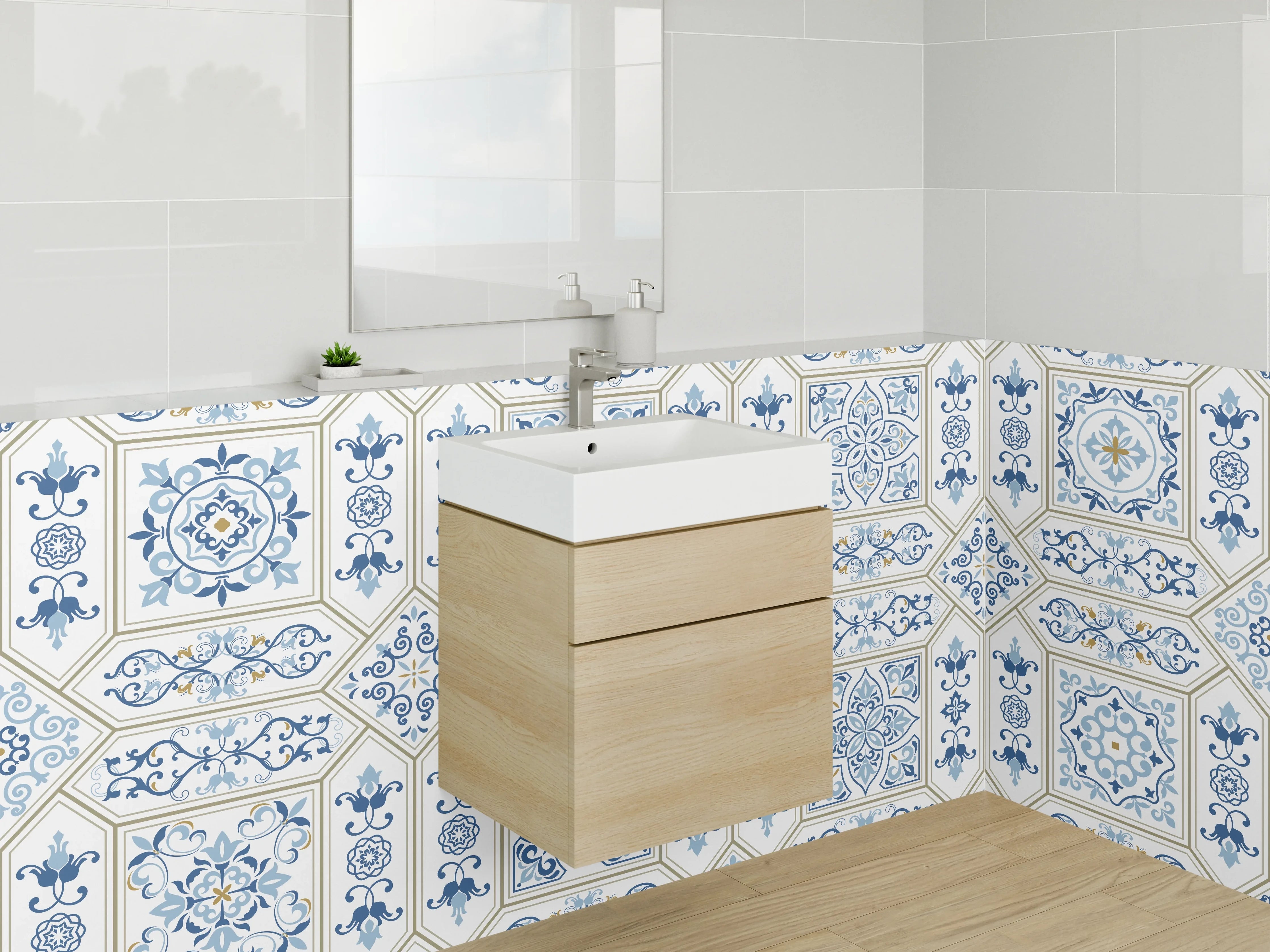 Waschbecken-Rückwand - Blaue Retro-Mosaikfliesen Muster