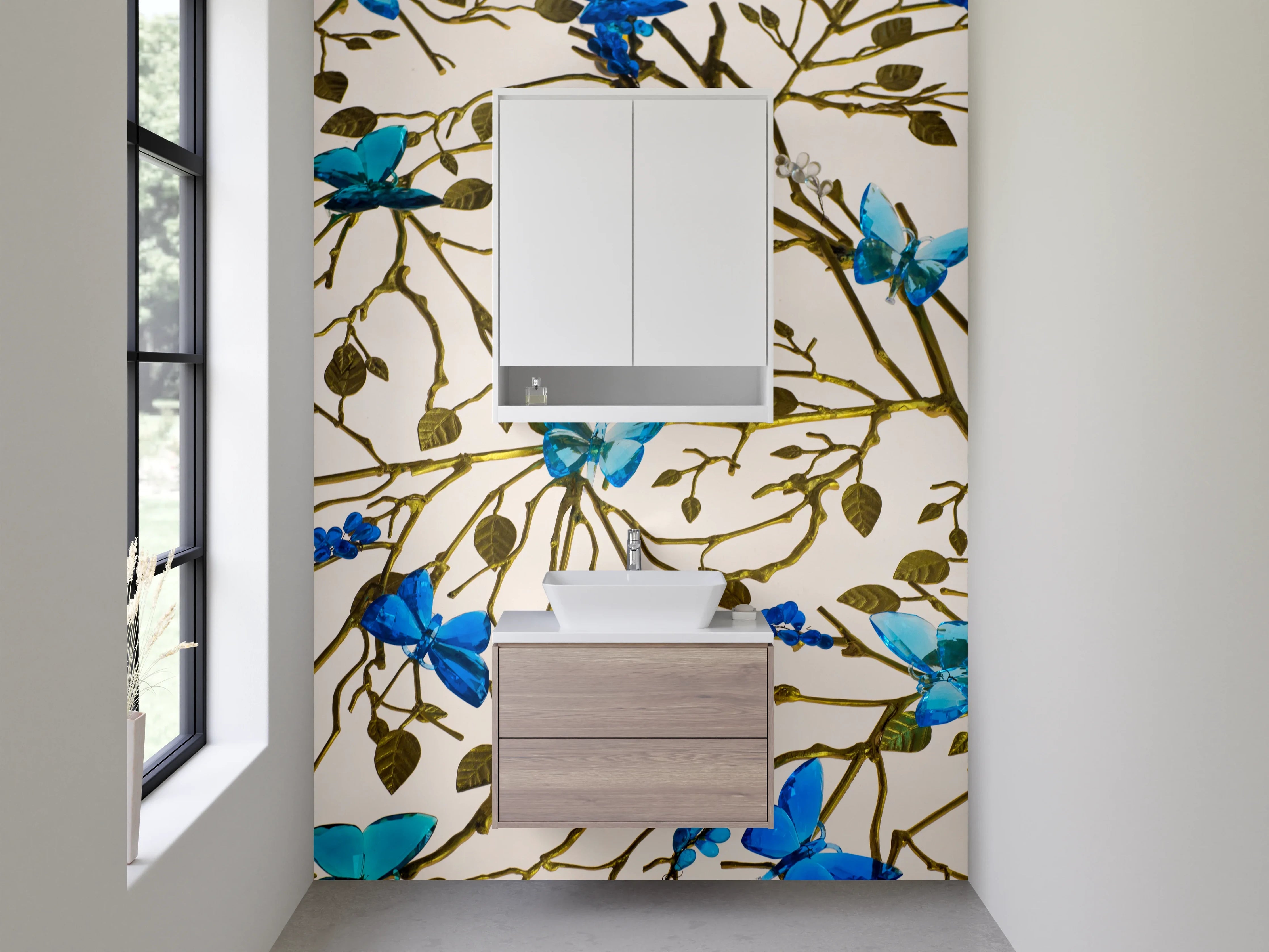 Waschbecken-Rückwand - Blaue Schmetterlinge auf Zweigen Muster