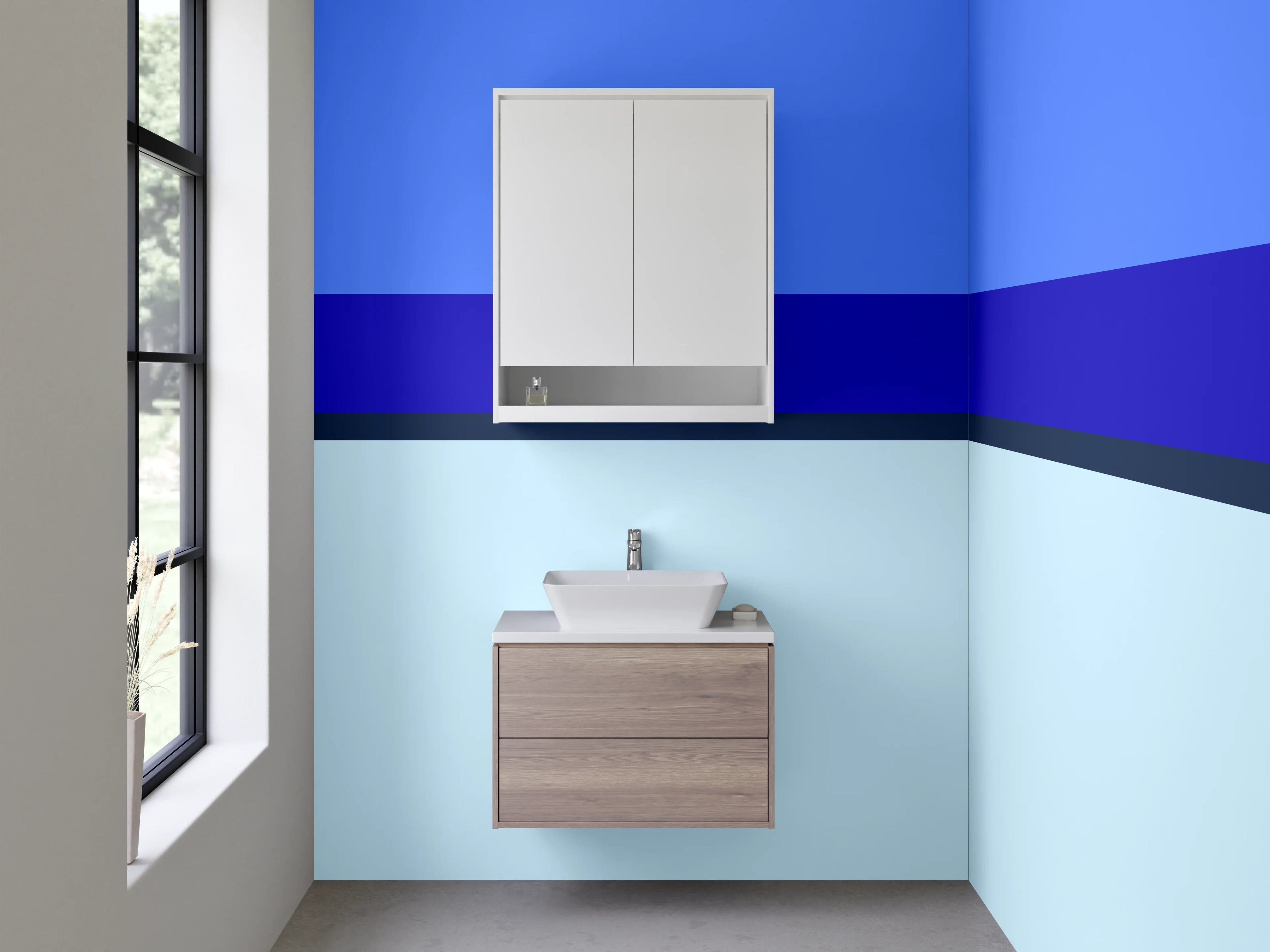 Waschbecken-Rückwand - Blaue Streifen und helle Flächen