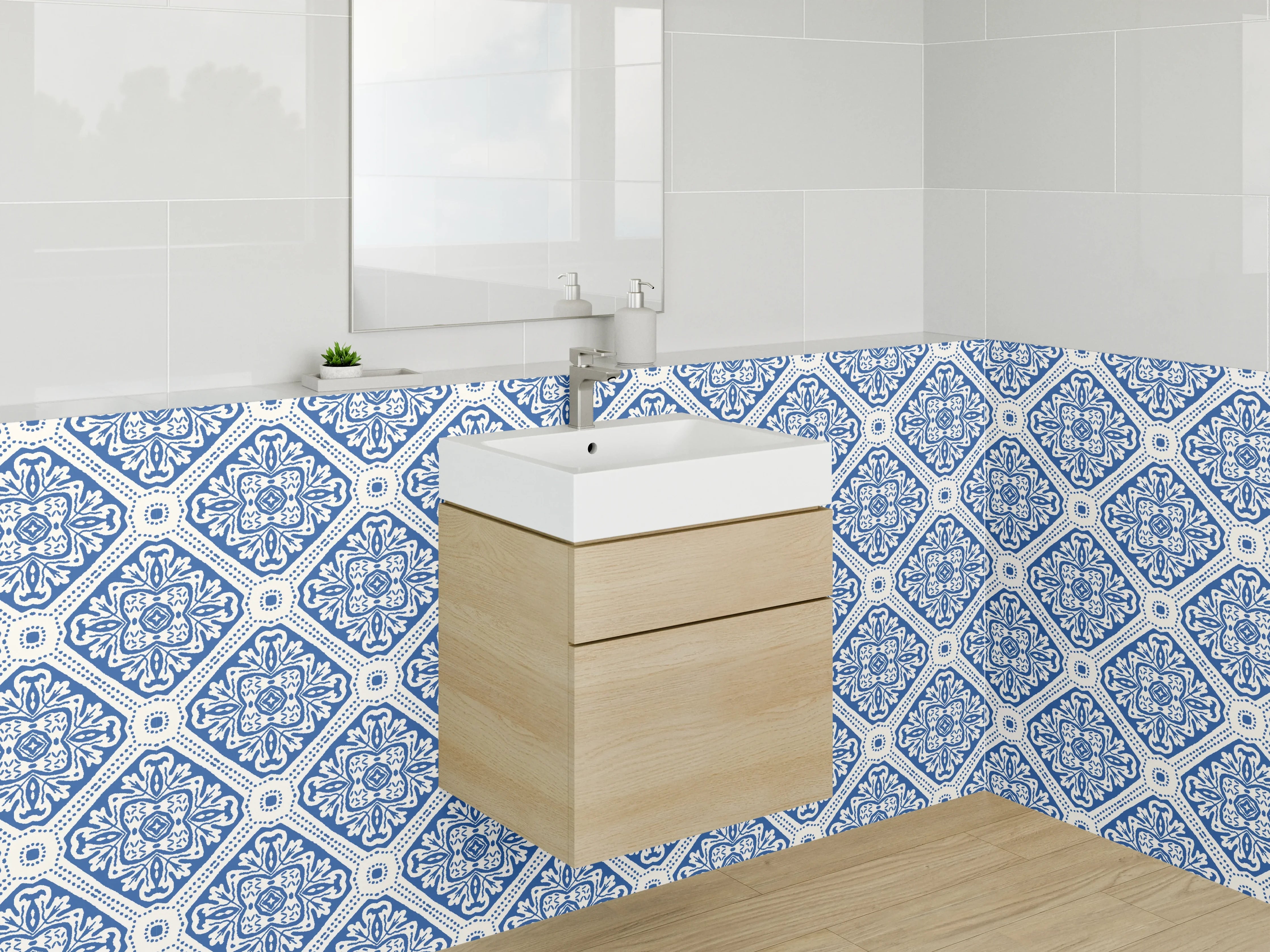 Waschbecken-Rückwand - Blaue Vintage-Fliesenmuster Bordüre