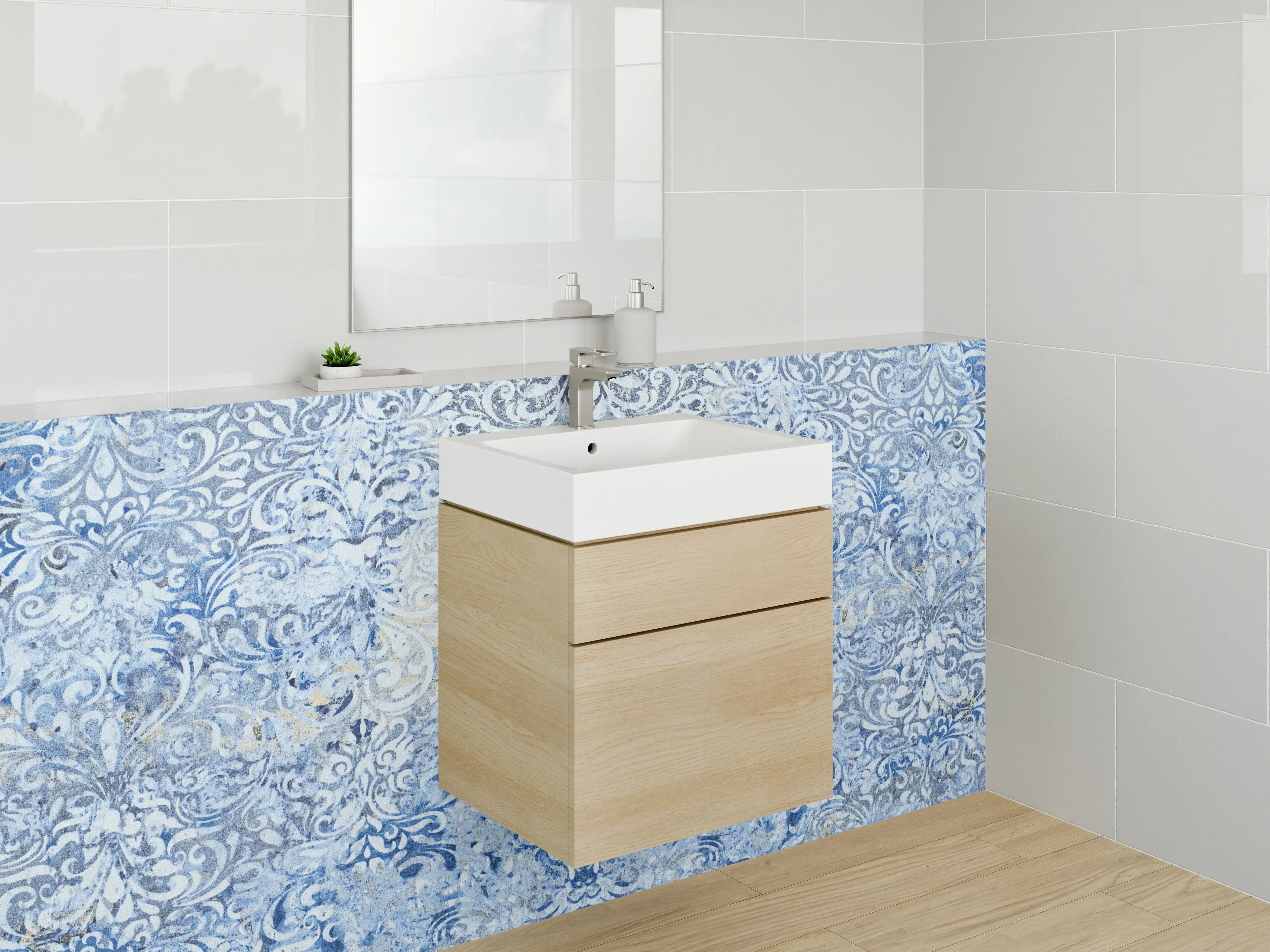 Waschbecken-Rückwand - Blaue Vintage-Tapete mit floralem Muster
