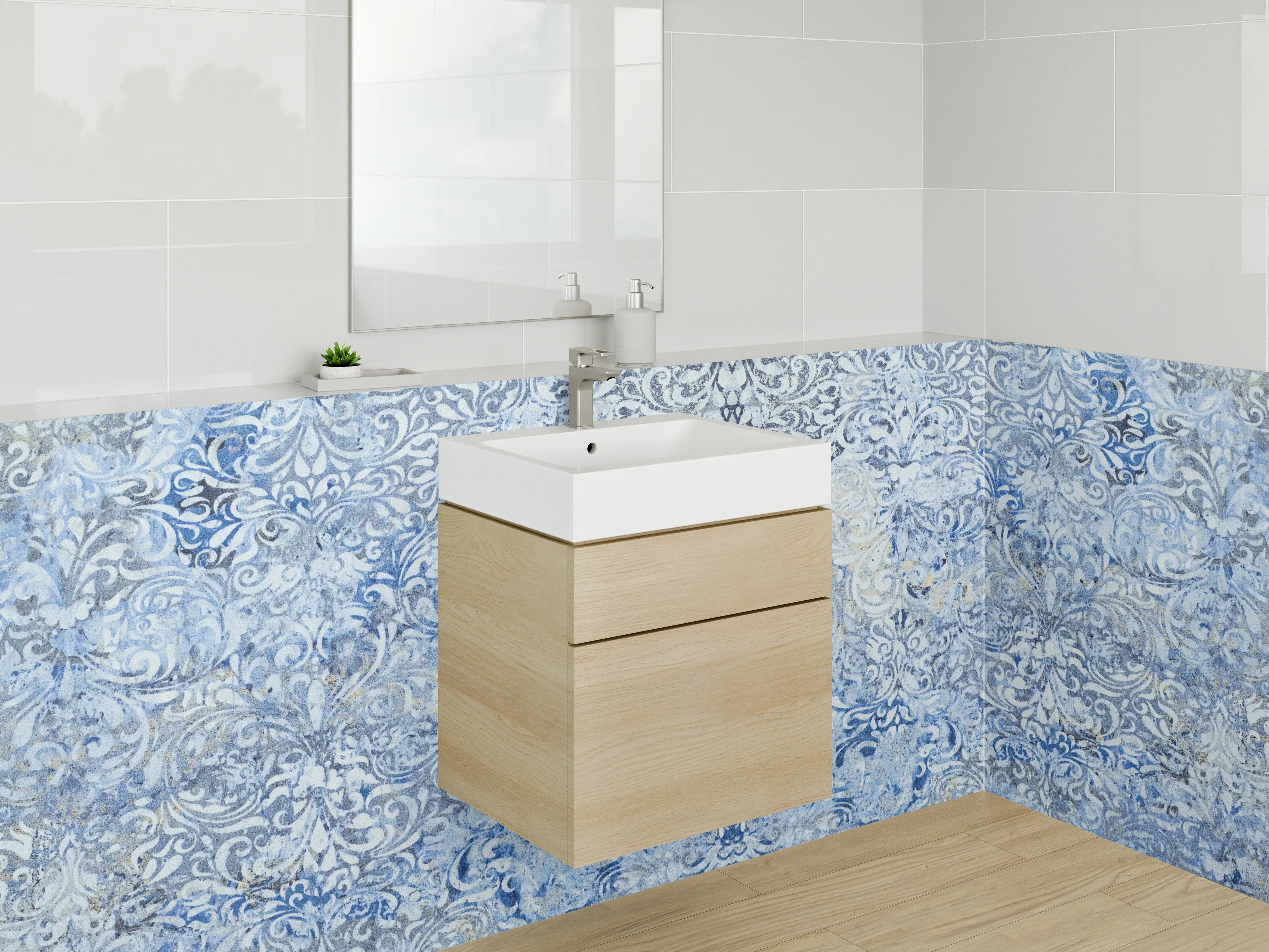 Waschbecken-Rückwand - Blaue Vintage-Tapete mit floralem Muster