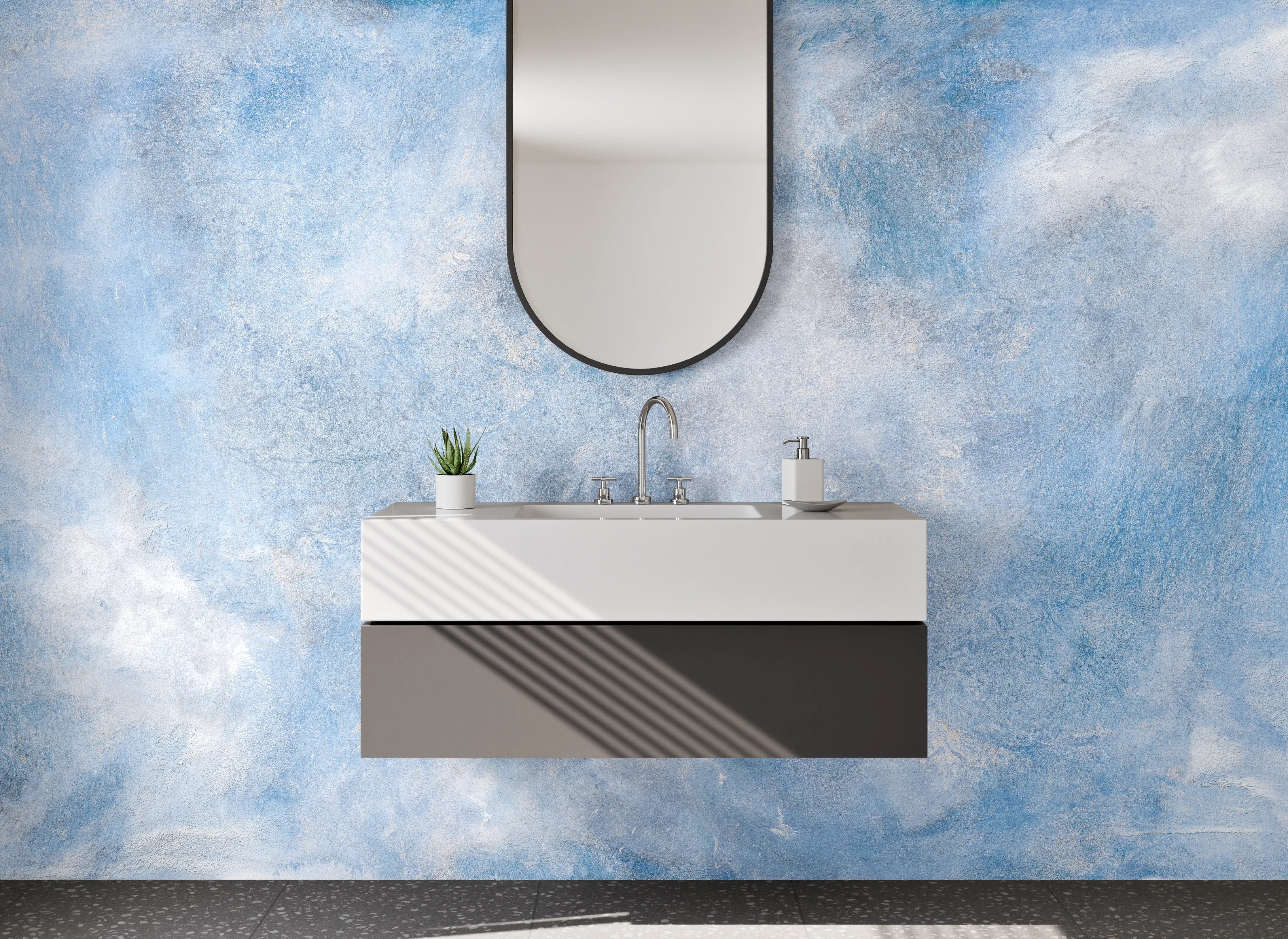 Waschbecken-Rückwand - Blaue Wolkenstruktur Marmoroptik Wand