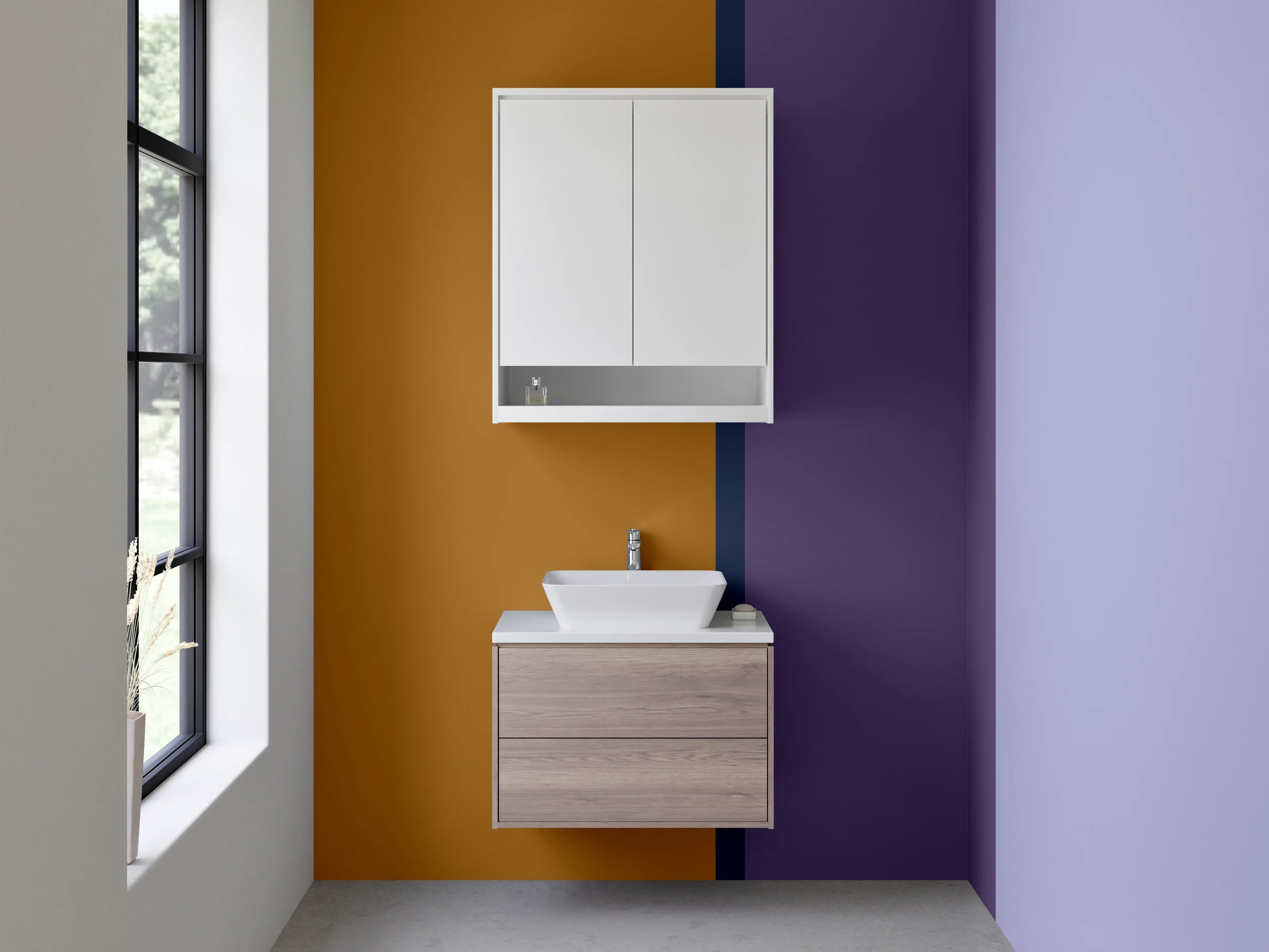 Waschbecken-Rückwand - Blaue und braune Farbflächen mit Quadrieren