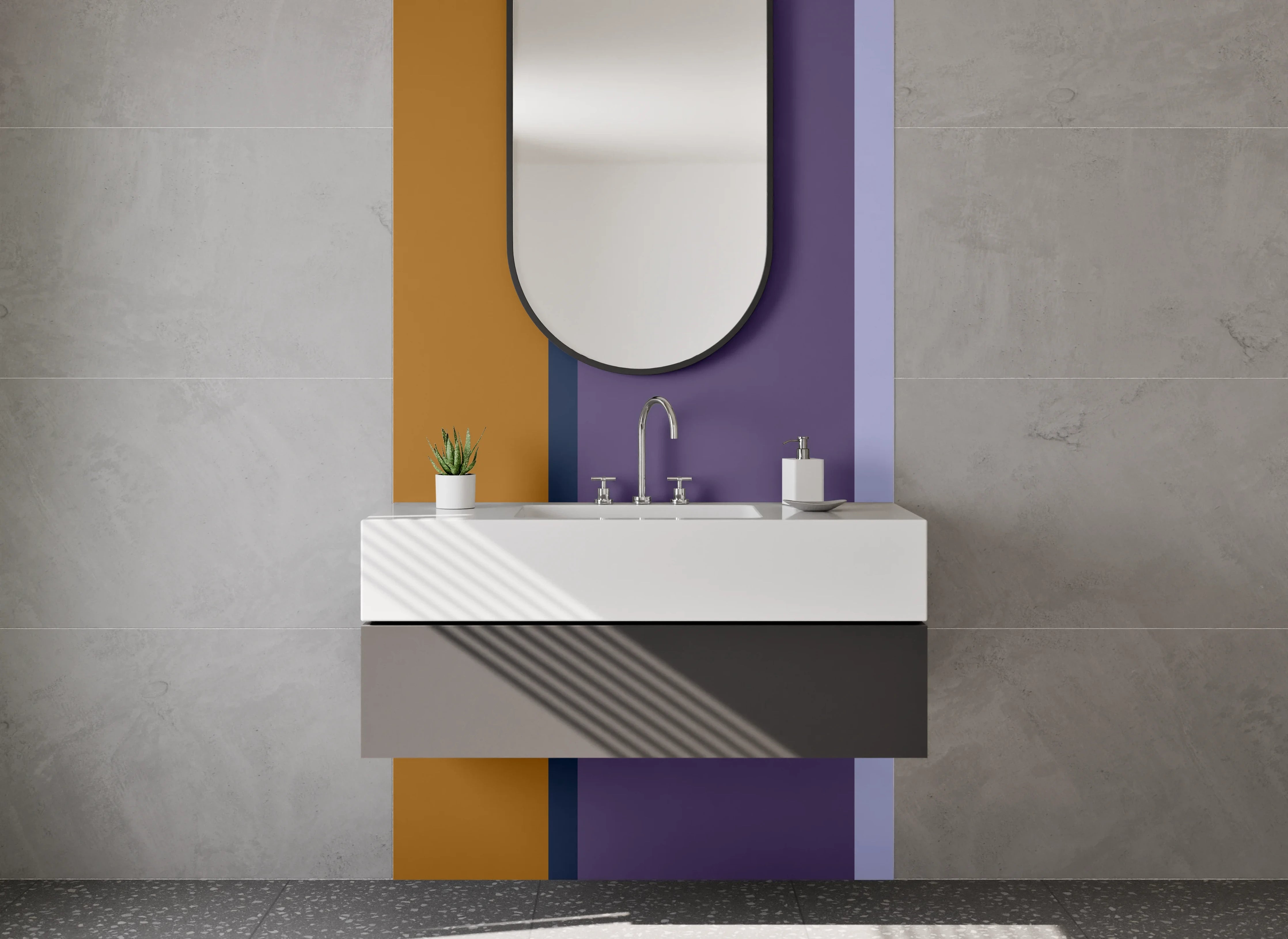 Waschbecken-Rückwand - Blaue und braune Farbflächen mit Quadrieren