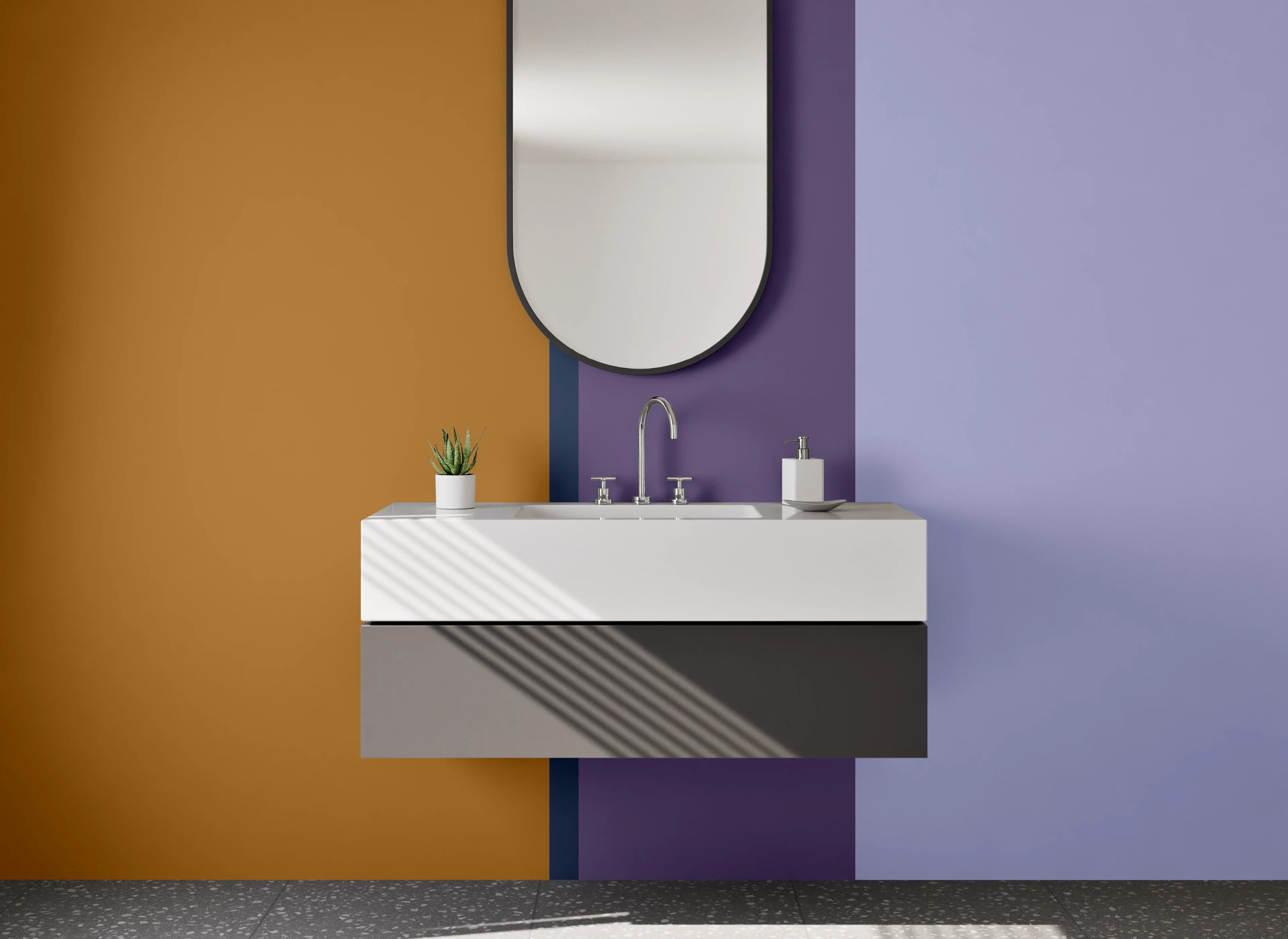 Waschbecken-Rückwand - Blaue und braune Farbflächen mit Quadrieren