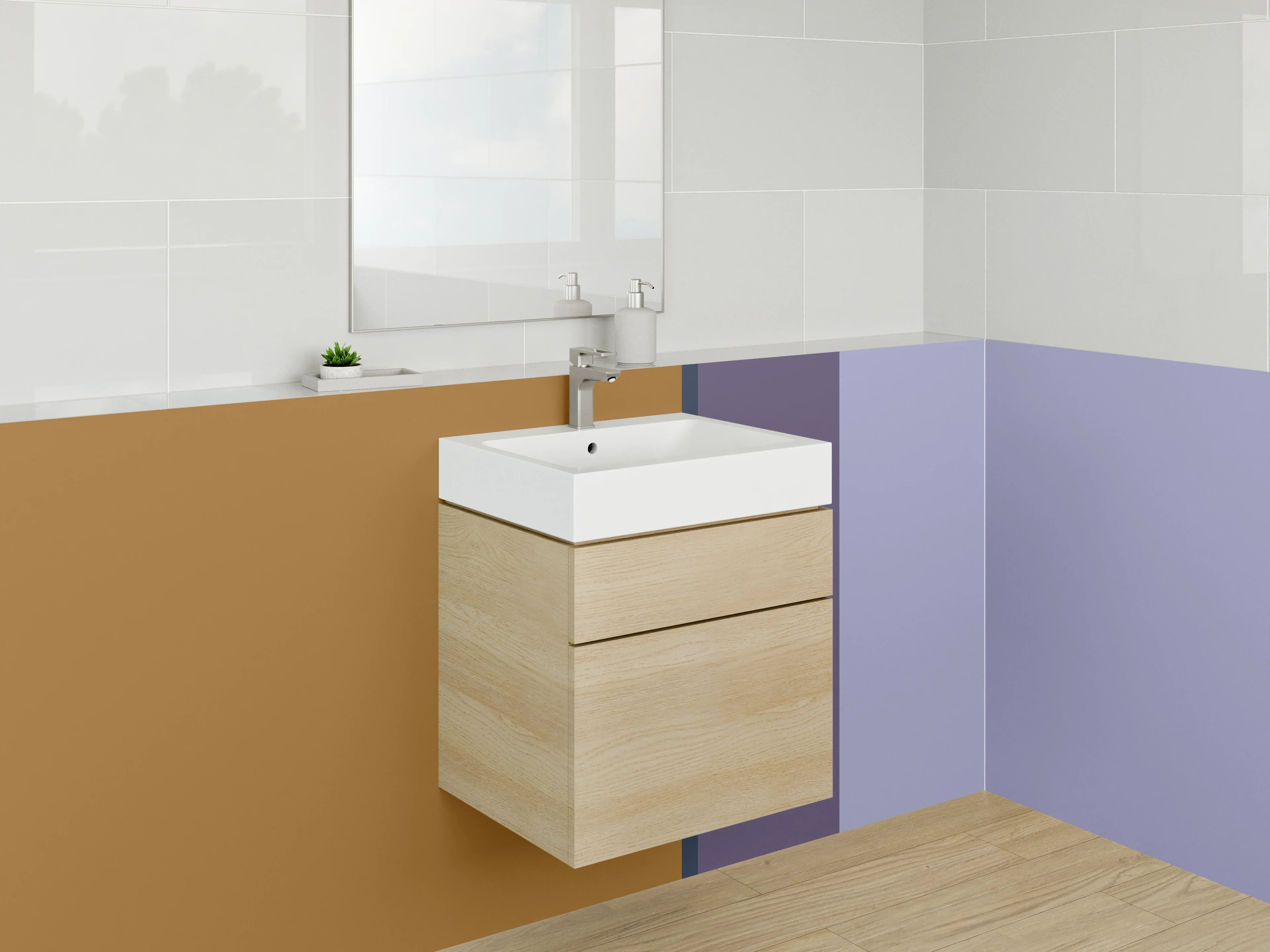 Waschbecken-Rückwand - Blaue und braune Farbflächen mit Quadrieren