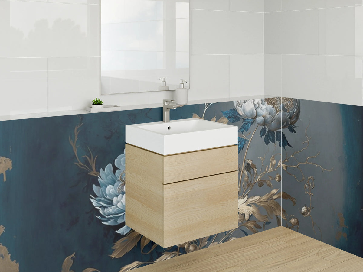 Waschbecken-Rückwand - Blaue und goldene Pfingstrosen Kunst