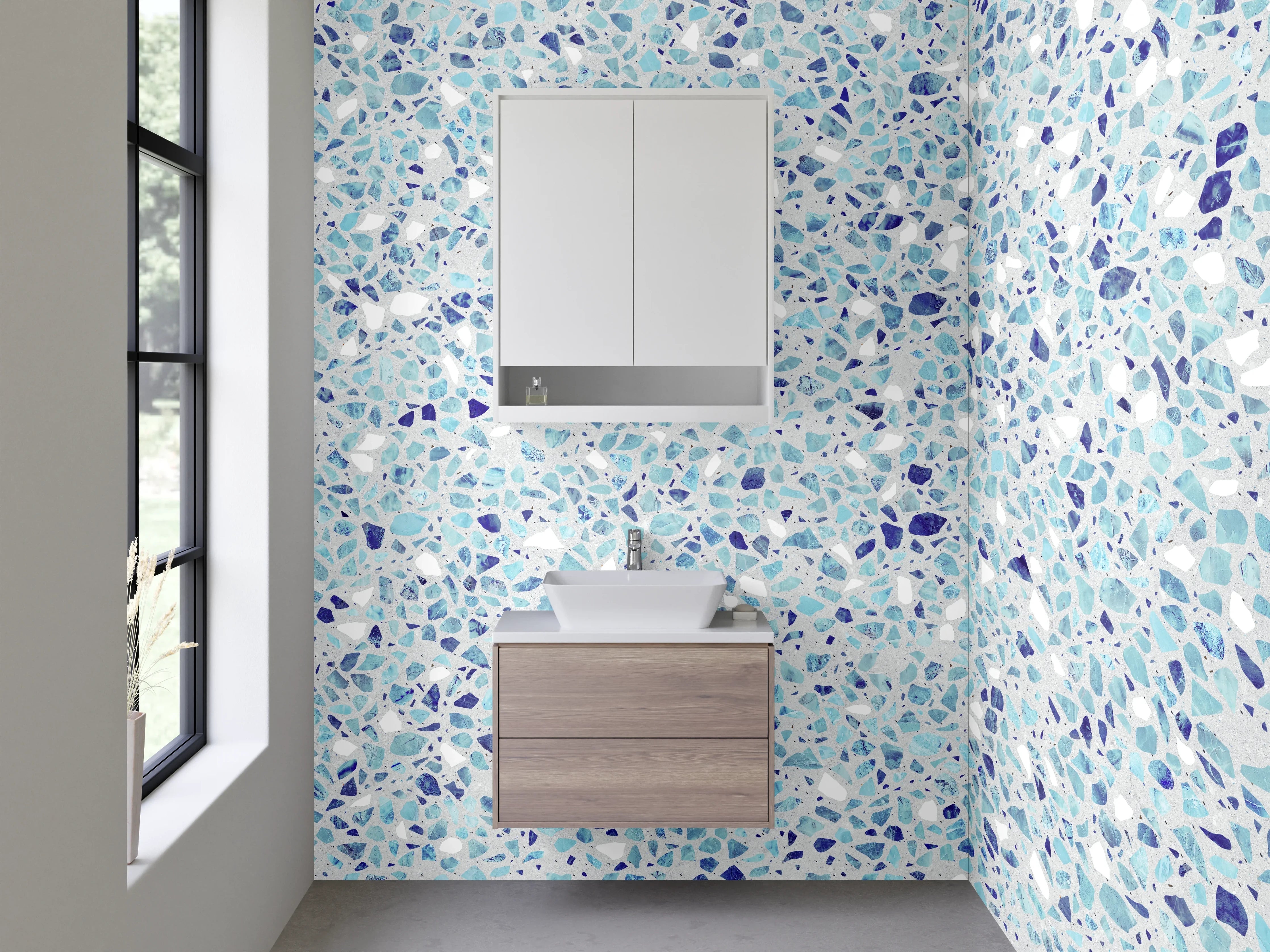 Waschbecken-Rückwand - Blauer Mosaikboden mit kleinen Steinchen