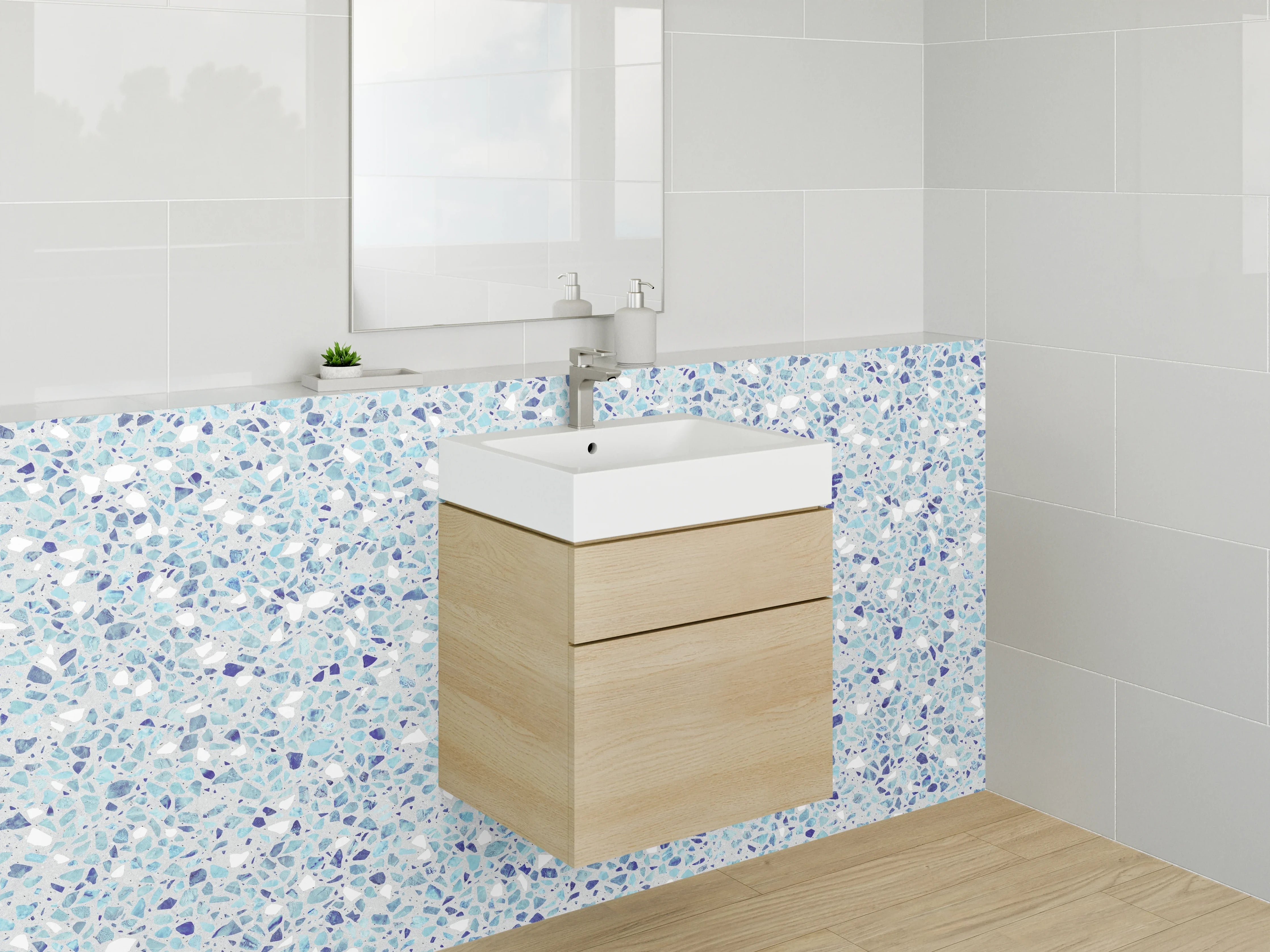 Waschbecken-Rückwand - Blauer Mosaikboden mit kleinen Steinchen