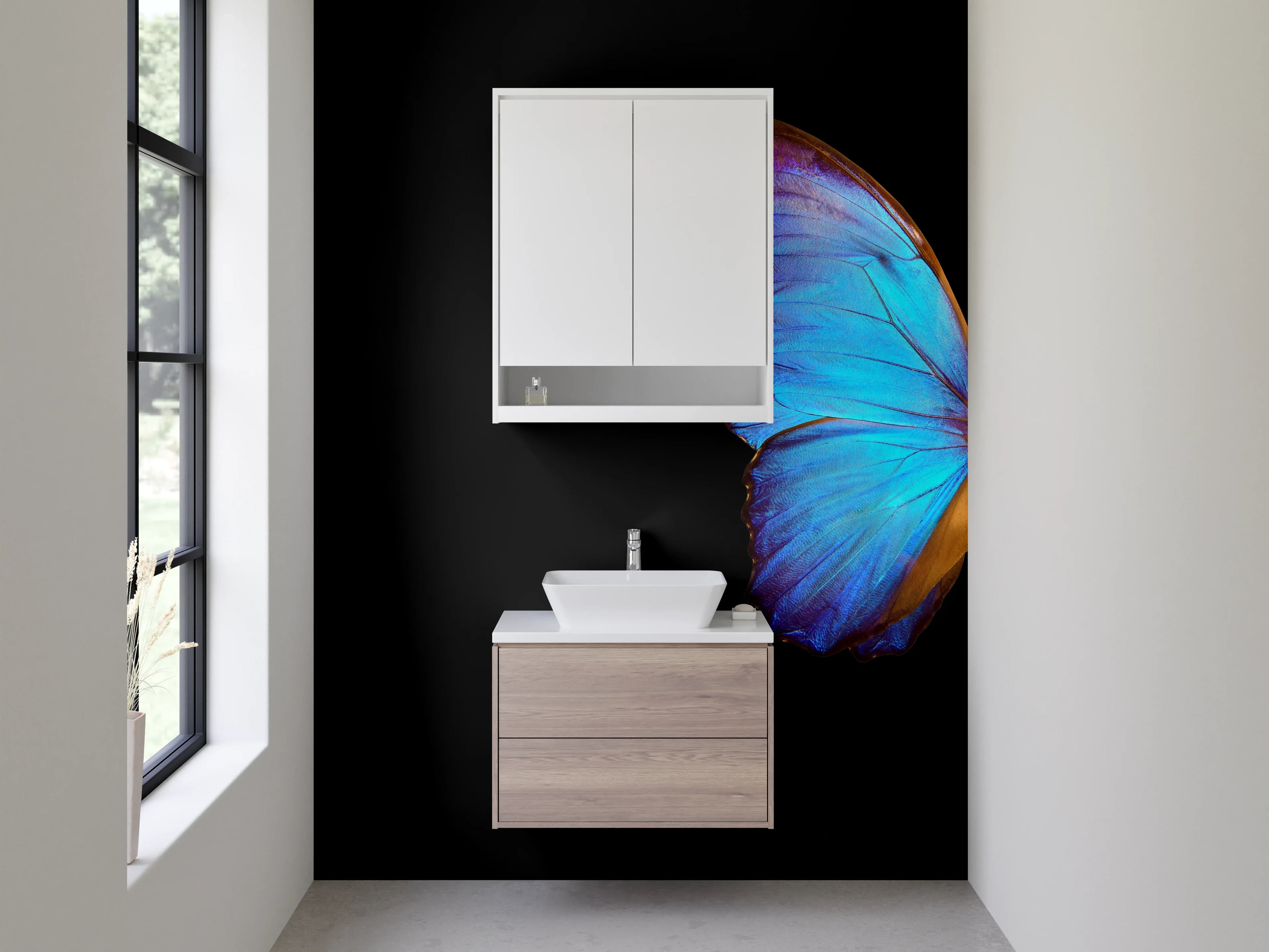 Waschbecken-Rückwand - Blauer Schmetterling auf Tulpe