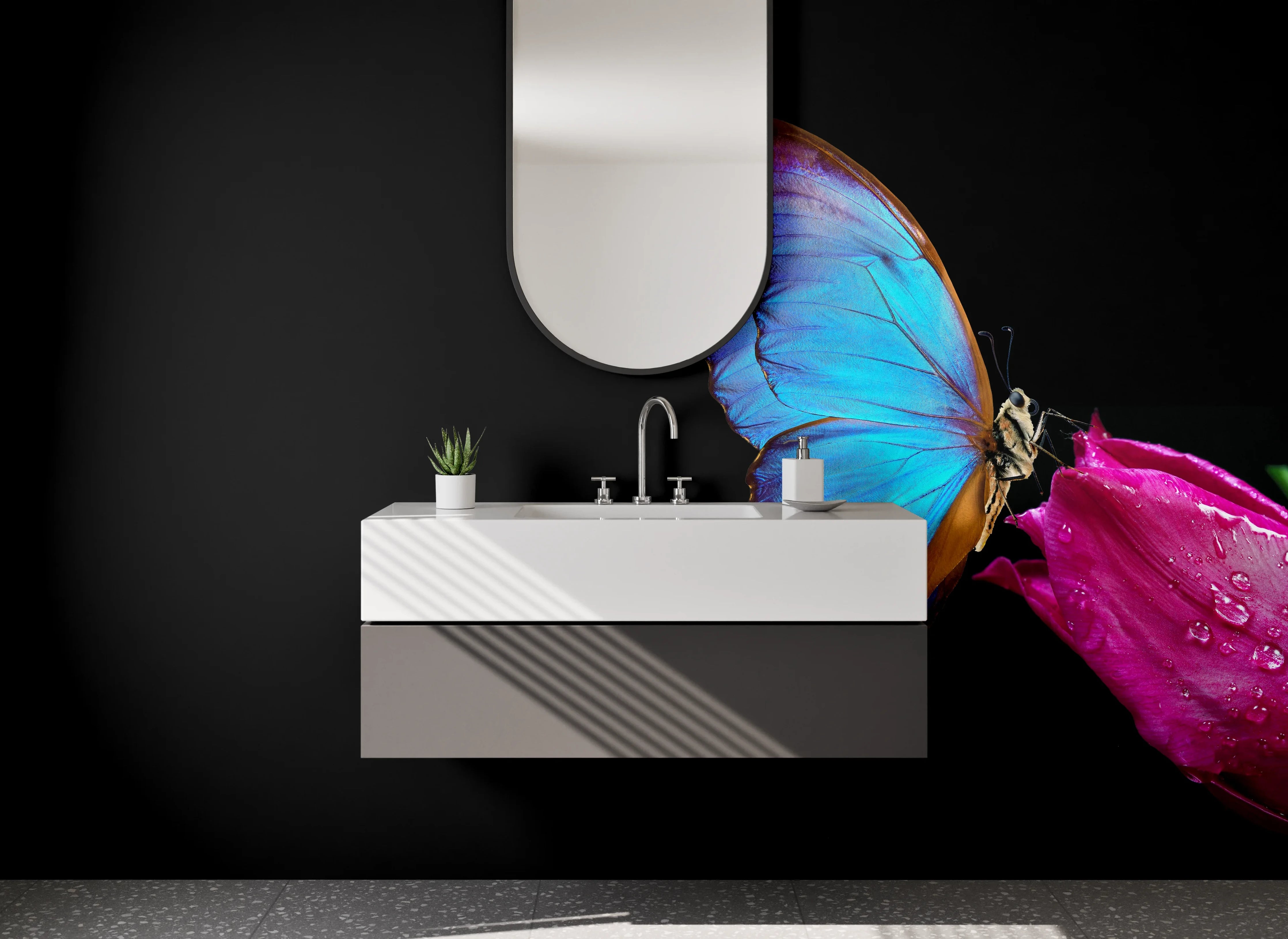 Waschbecken-Rückwand - Blauer Schmetterling auf Tulpe