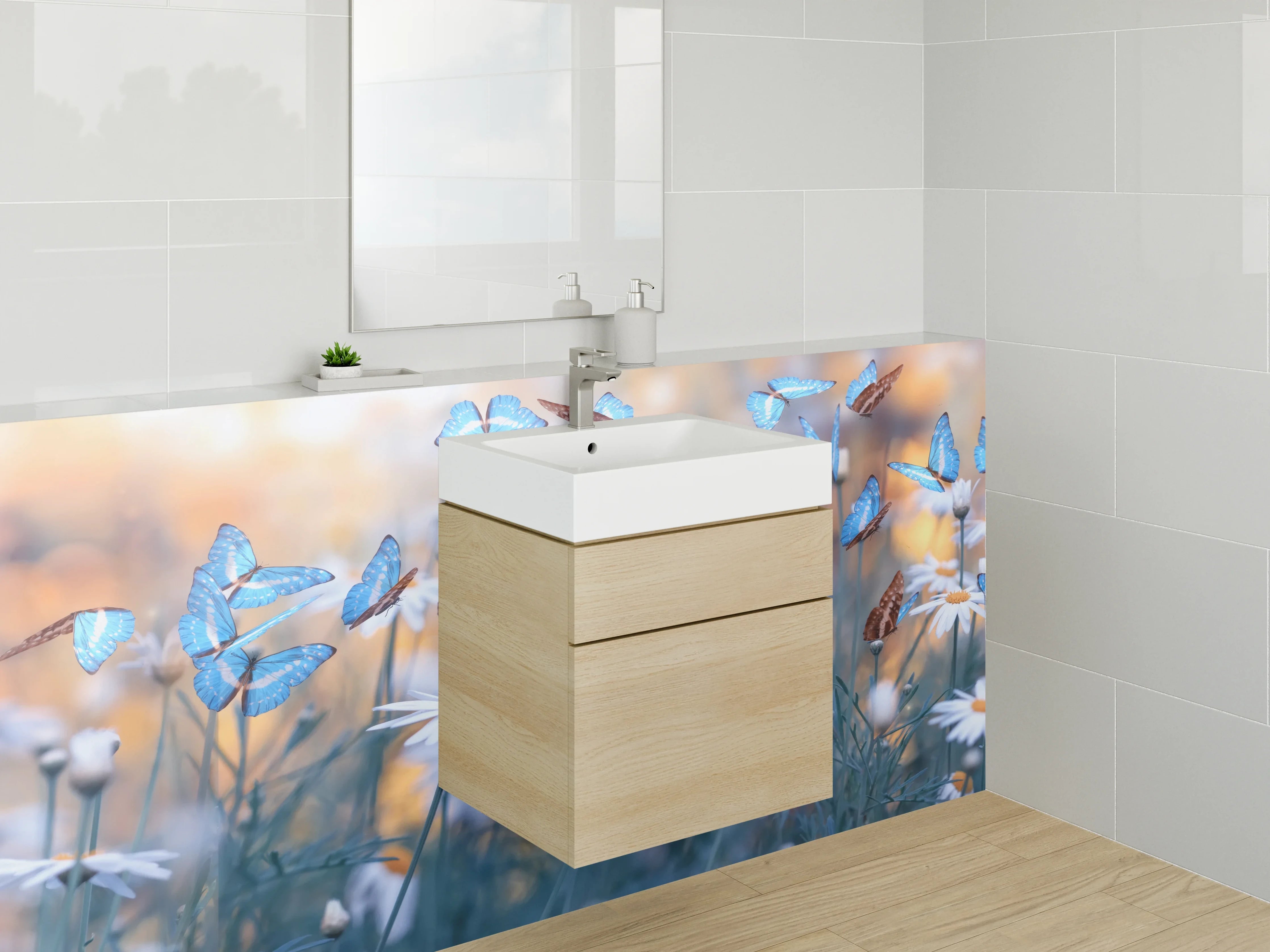Waschbecken-Rückwand - Blauer Schmetterlingszauber auf Wiesenblumen