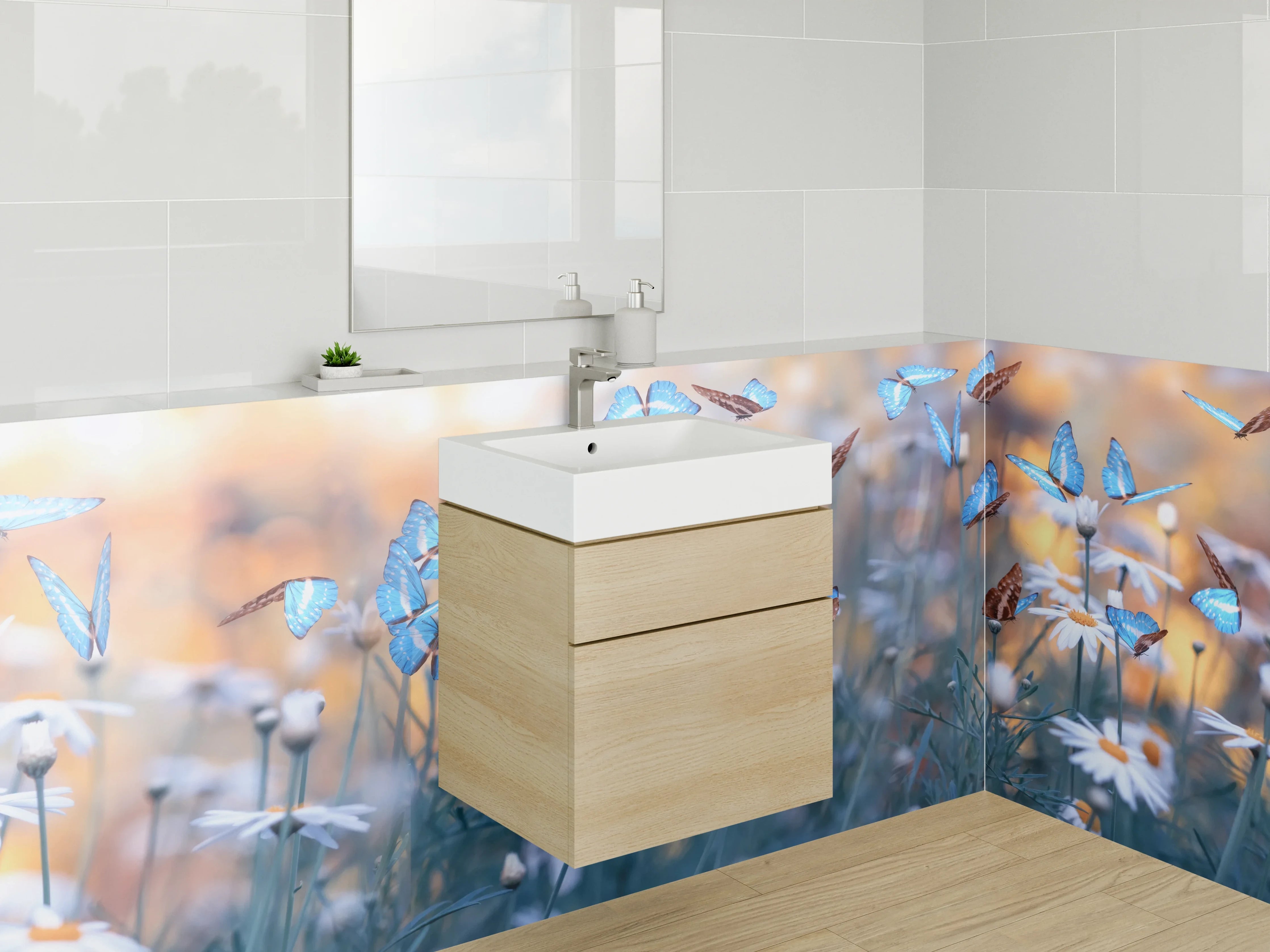 Waschbecken-Rückwand - Blauer Schmetterlingszauber auf Wiesenblumen