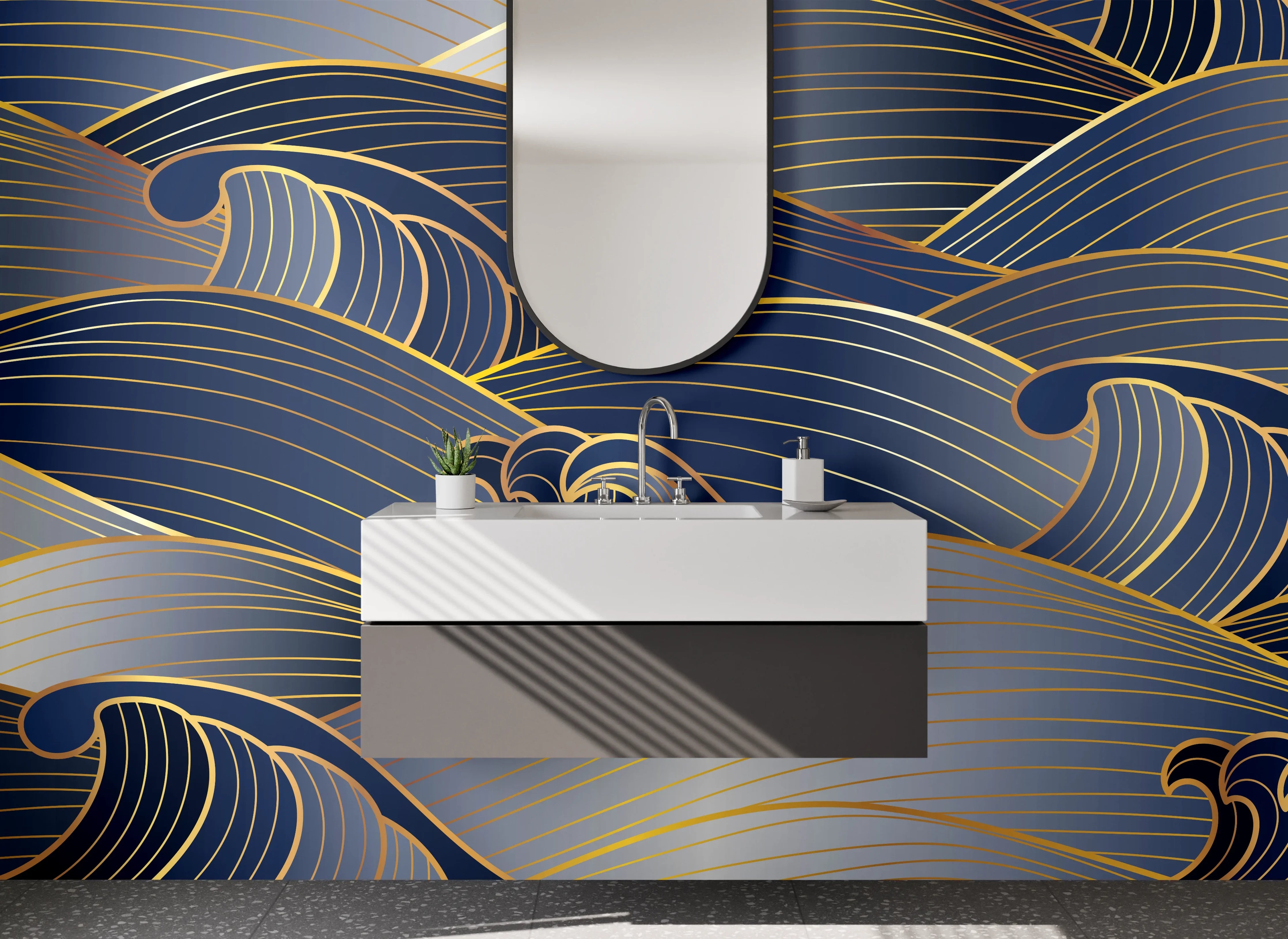 Waschbecken-Rückwand - Blauer Wellengrund mit goldenen Linien