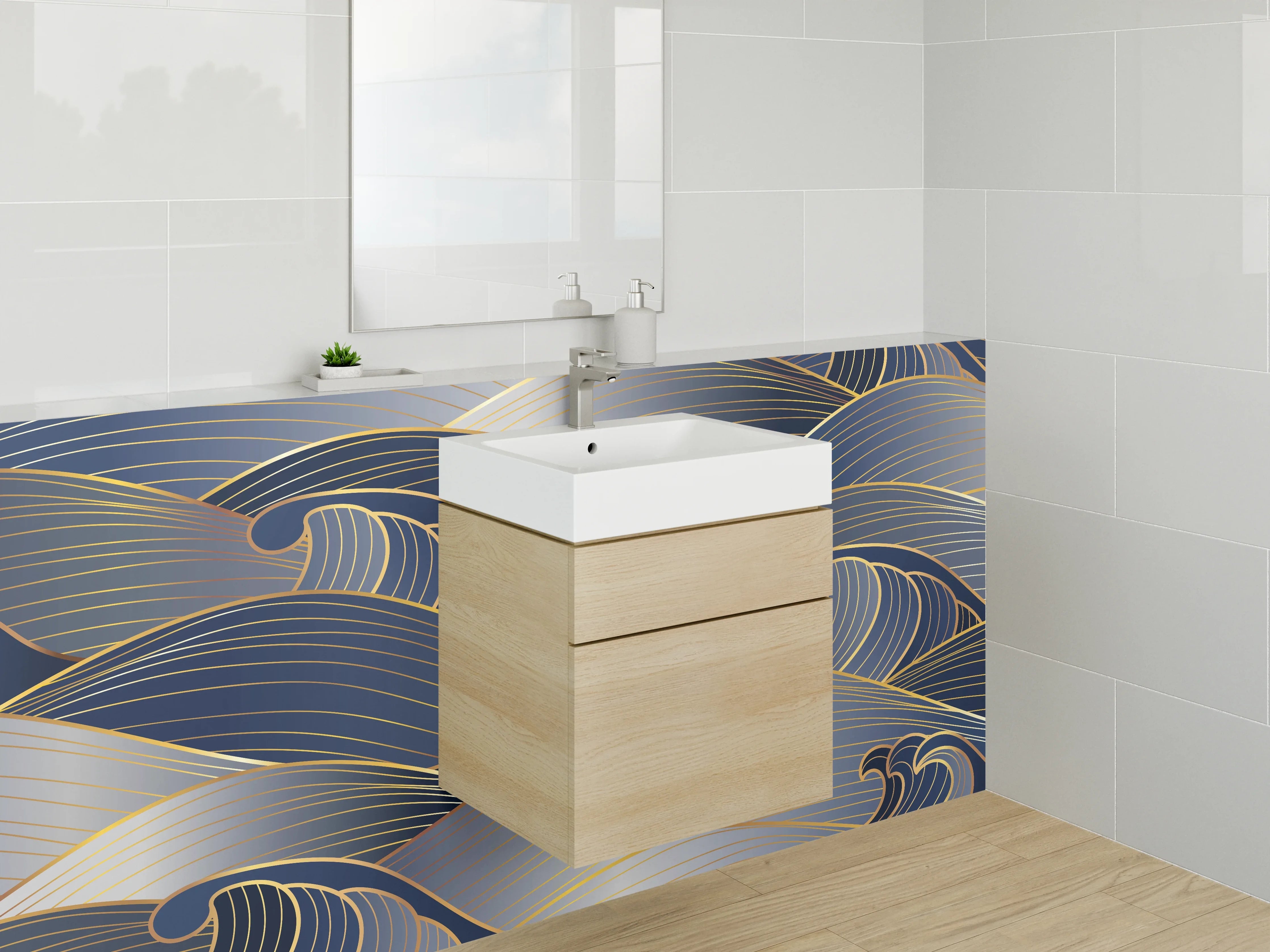 Waschbecken-Rückwand - Blauer Wellengrund mit goldenen Linien