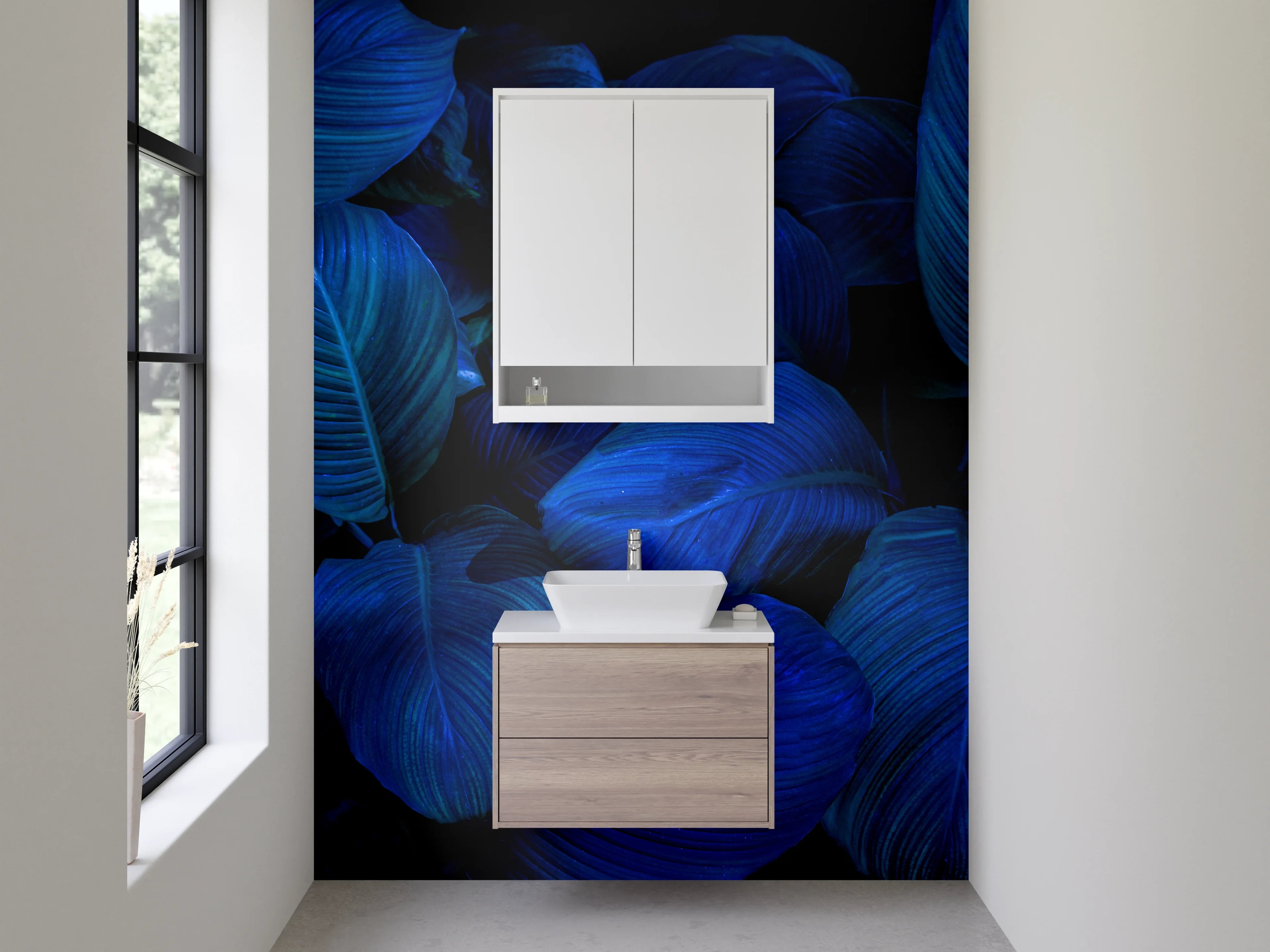 Waschbecken-Rückwand - Blaues Blätter-Design Pflanzenmuster