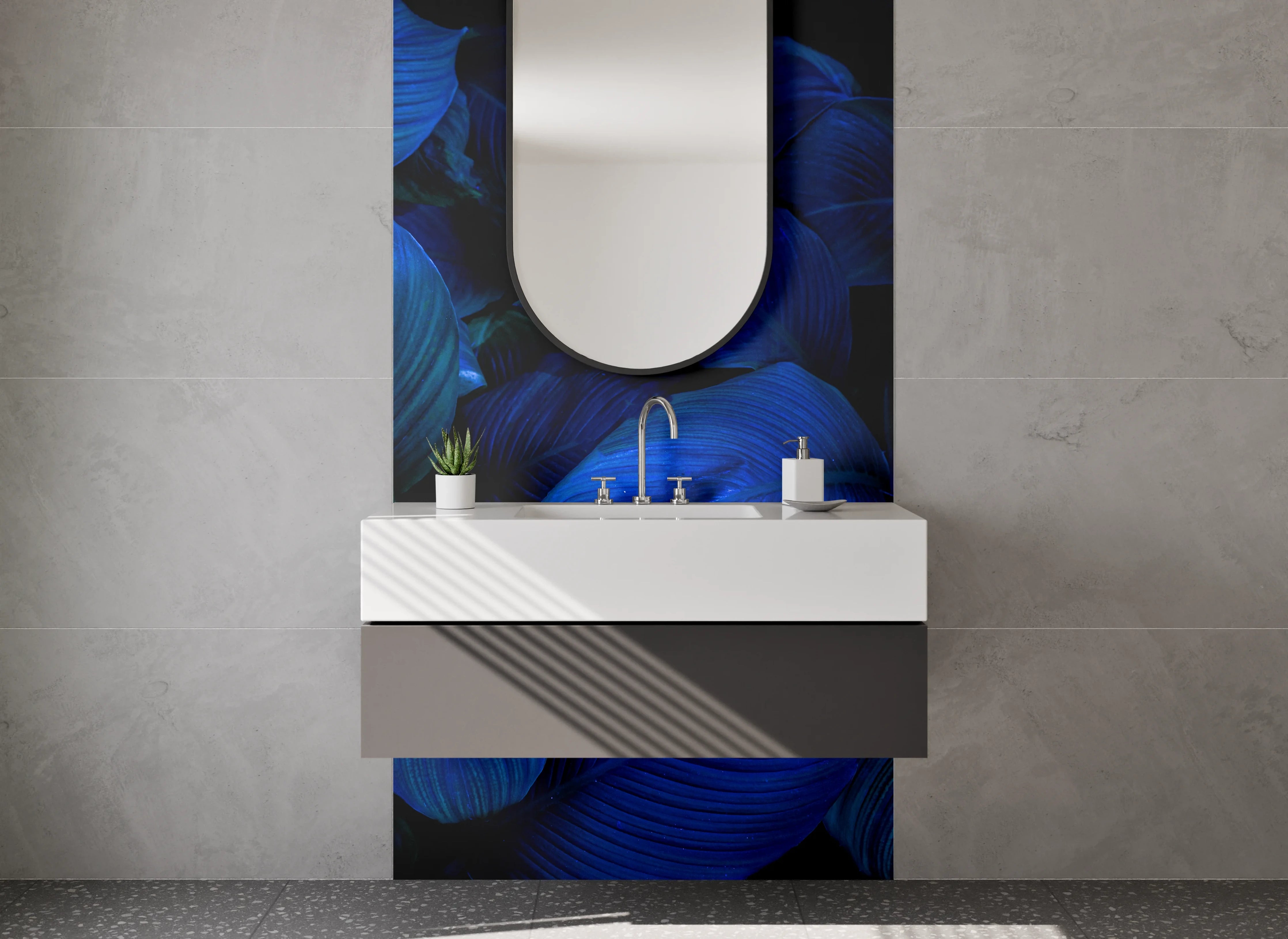 Waschbecken-Rückwand - Blaues Blätter-Design Pflanzenmuster