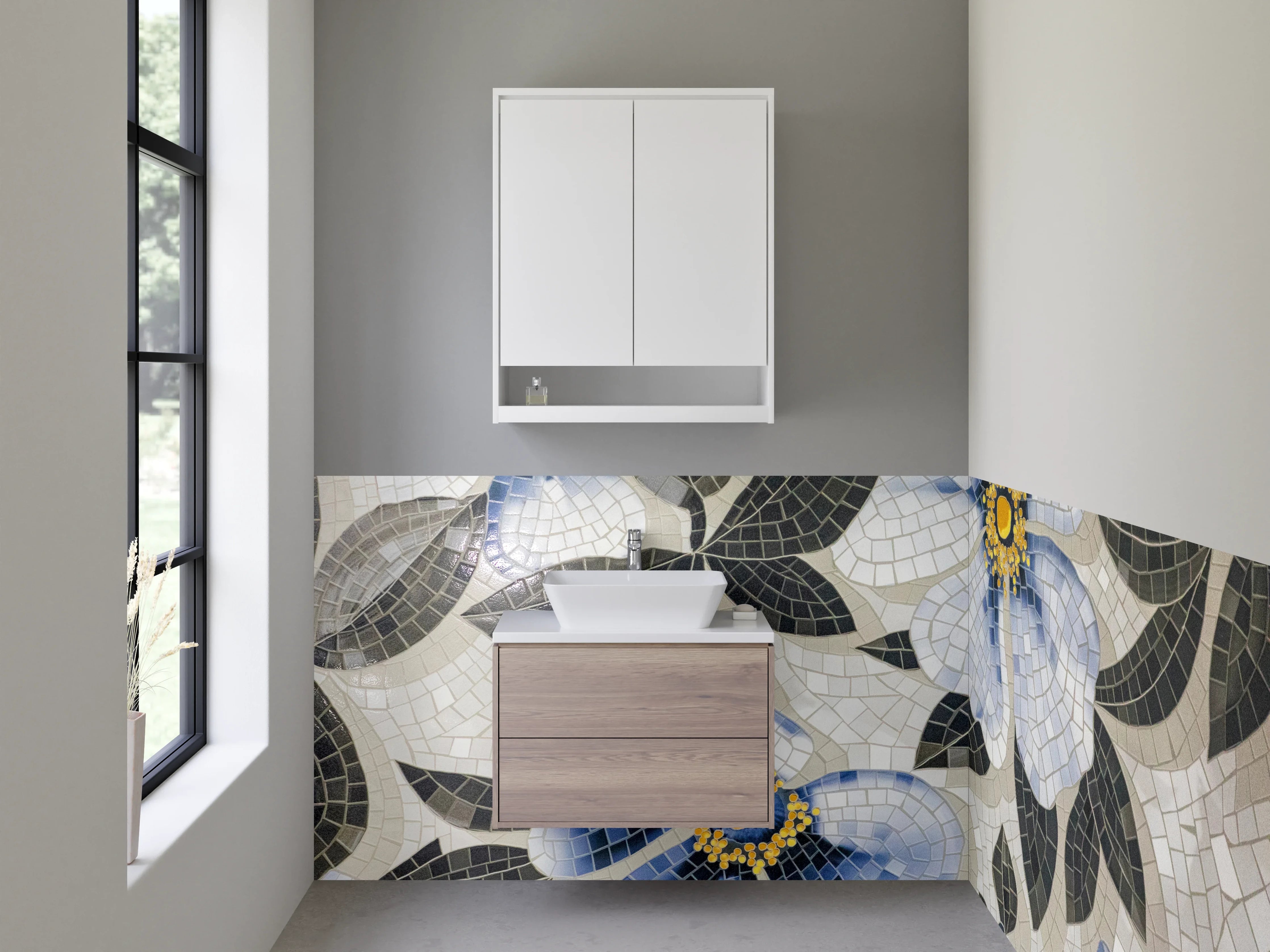 Waschbecken-Rückwand - Blaues Blumen-Mosaik Design