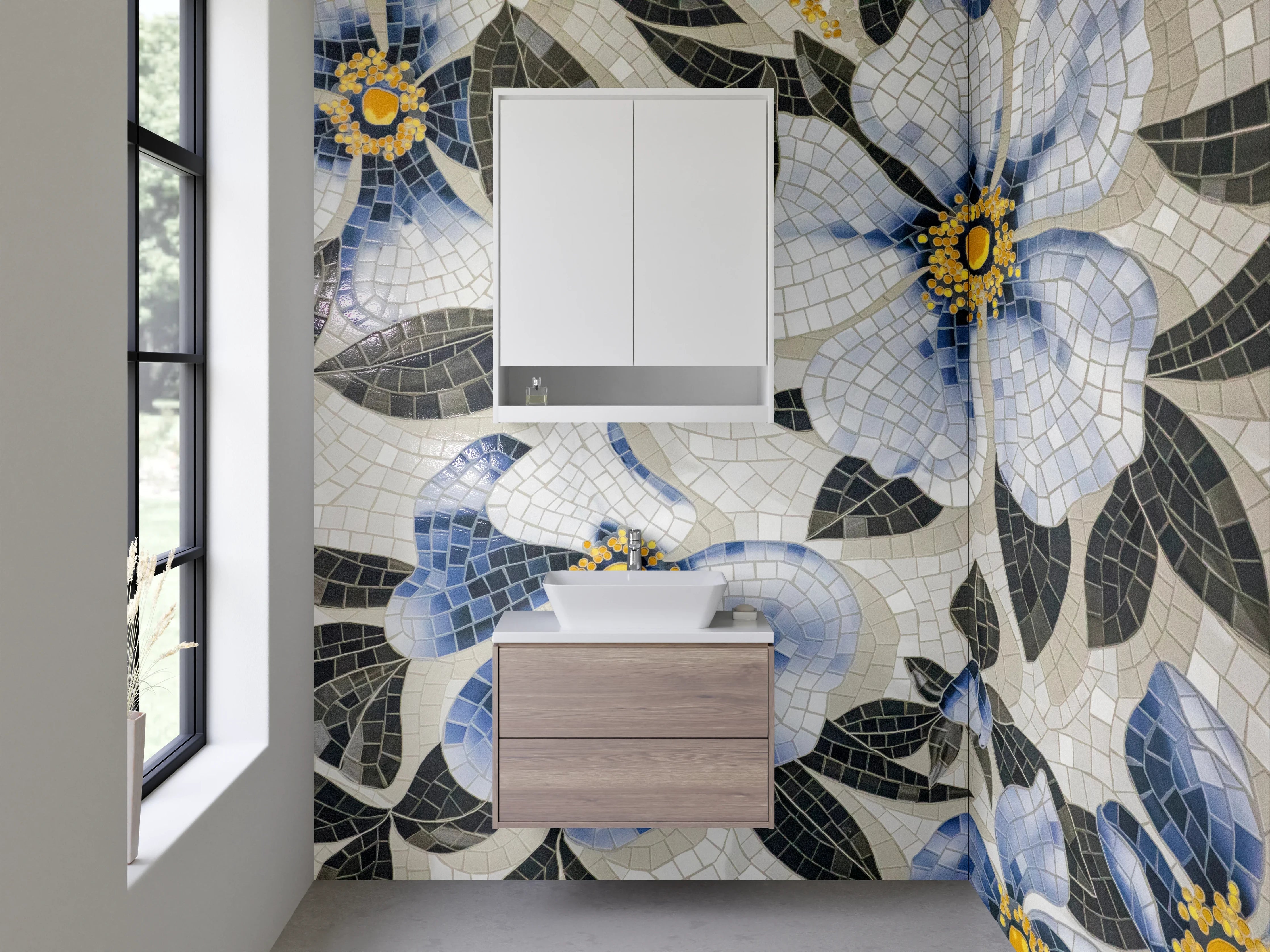 Waschbecken-Rückwand - Blaues Blumen-Mosaik Design
