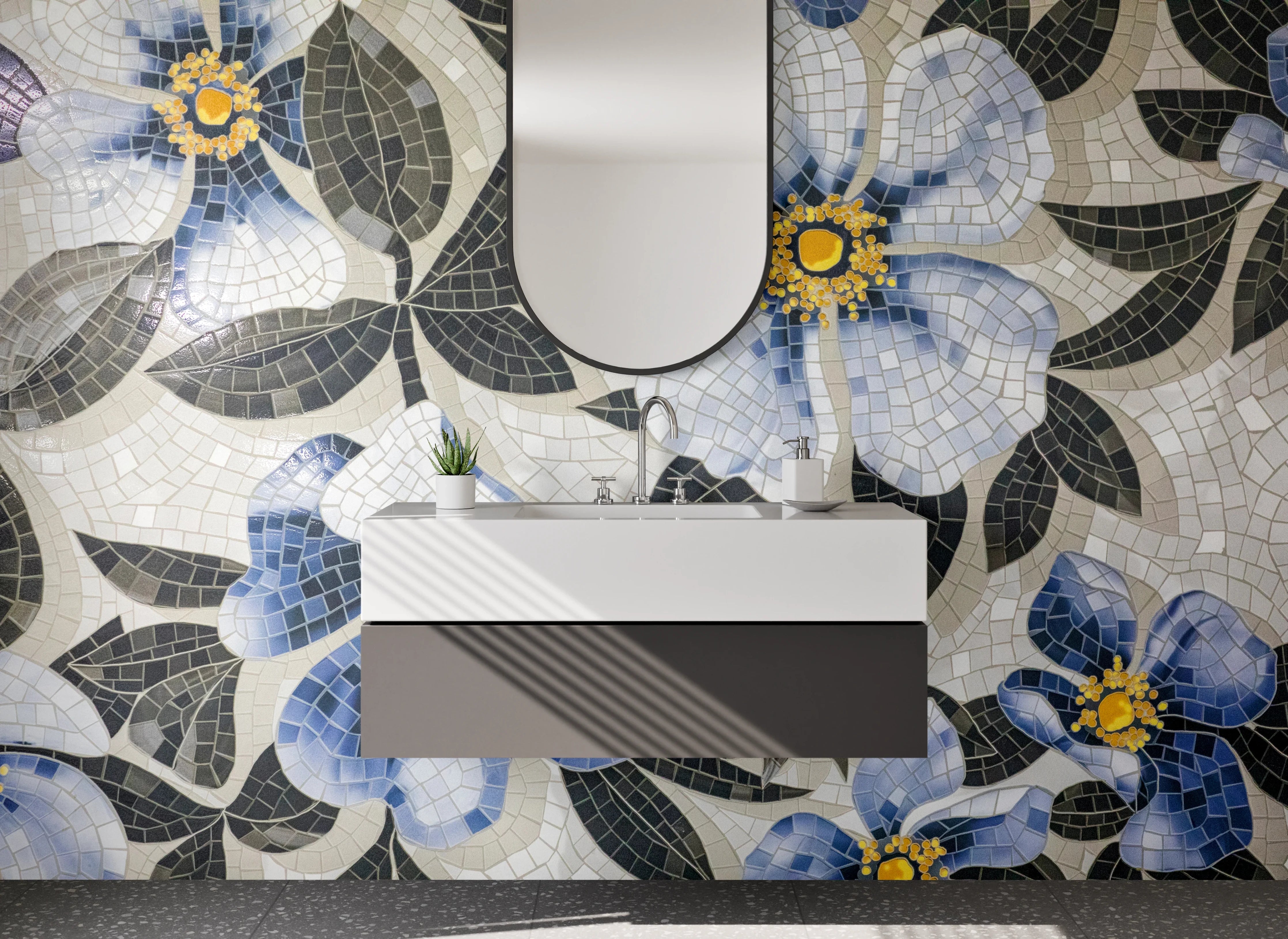 Waschbecken-Rückwand - Blaues Blumen-Mosaik Design