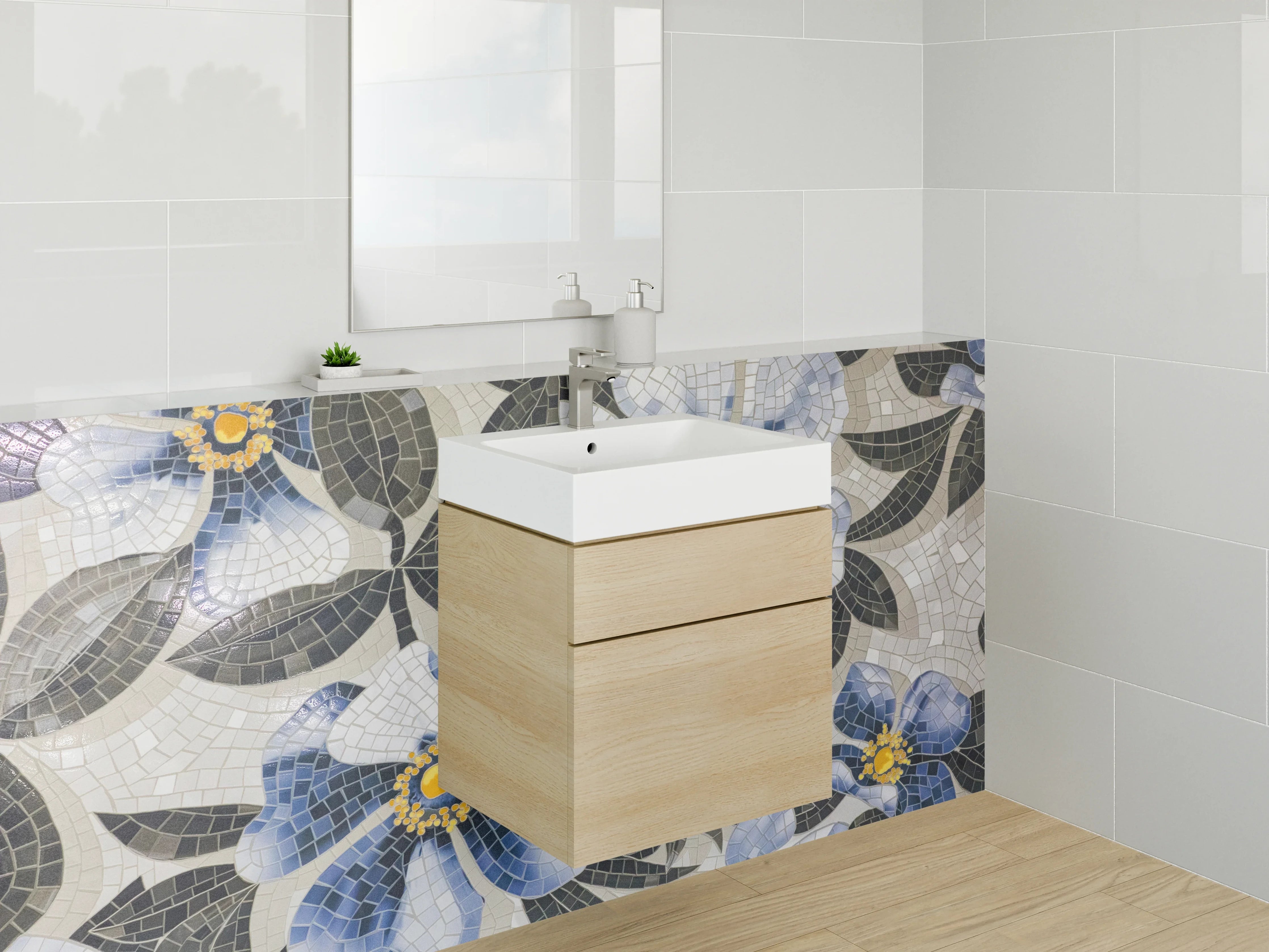 Waschbecken-Rückwand - Blaues Blumen-Mosaik Design