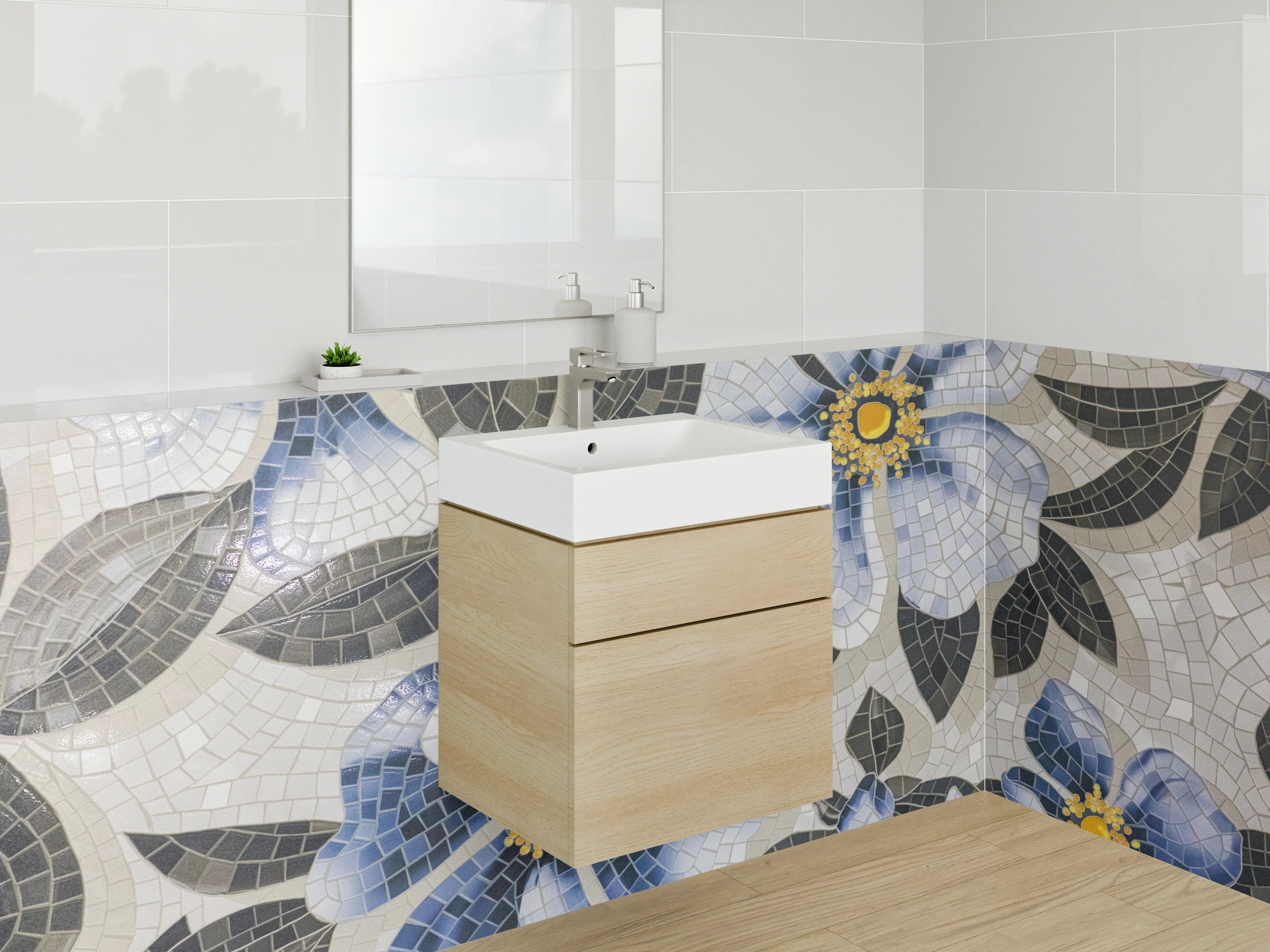 Waschbecken-Rückwand - Blaues Blumen-Mosaik Design