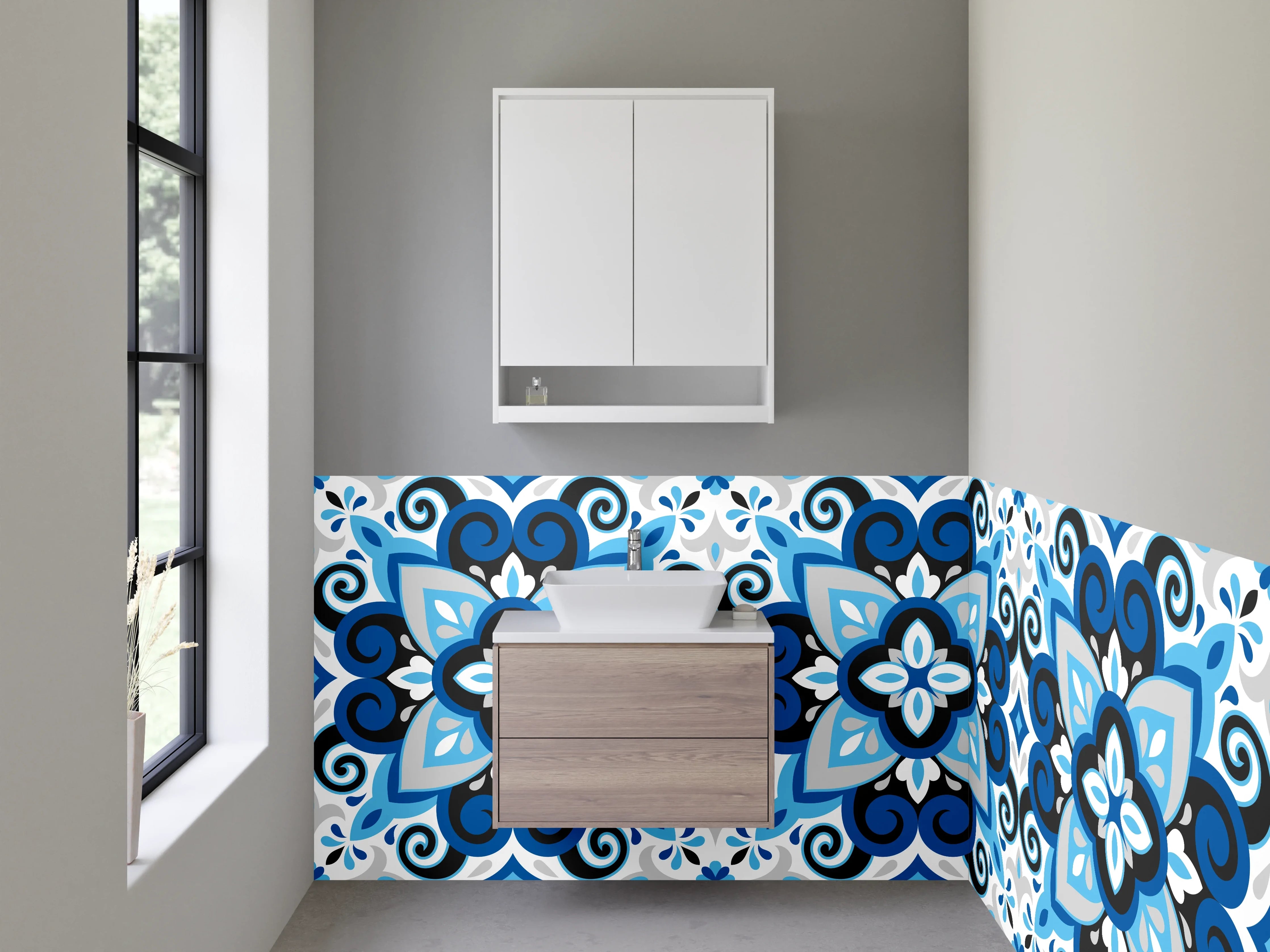 Waschbecken-Rückwand - Blaues Retro-Mosaik Muster Fliesen