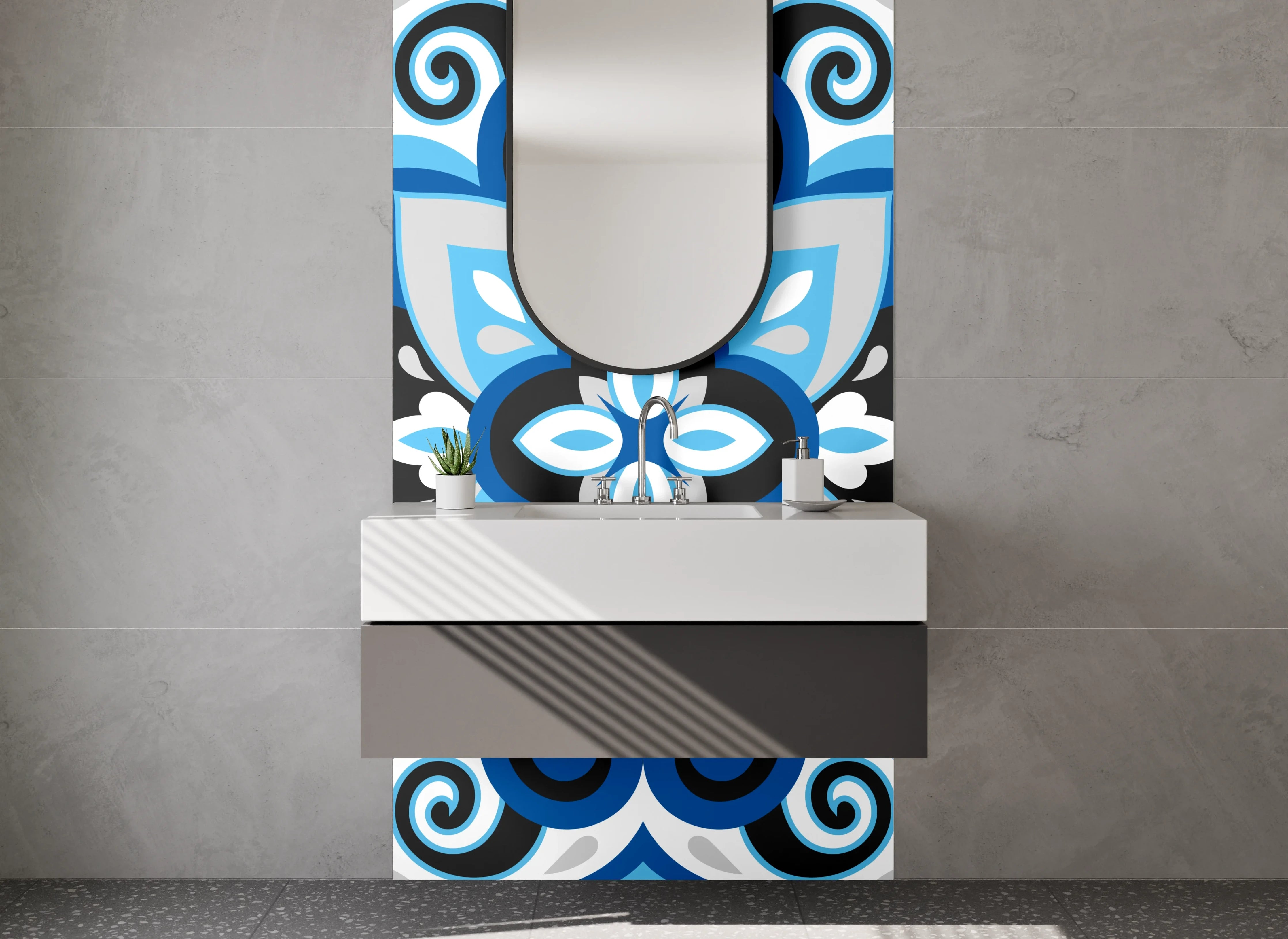 Waschbecken-Rückwand - Blaues Retro-Mosaik Muster Fliesen