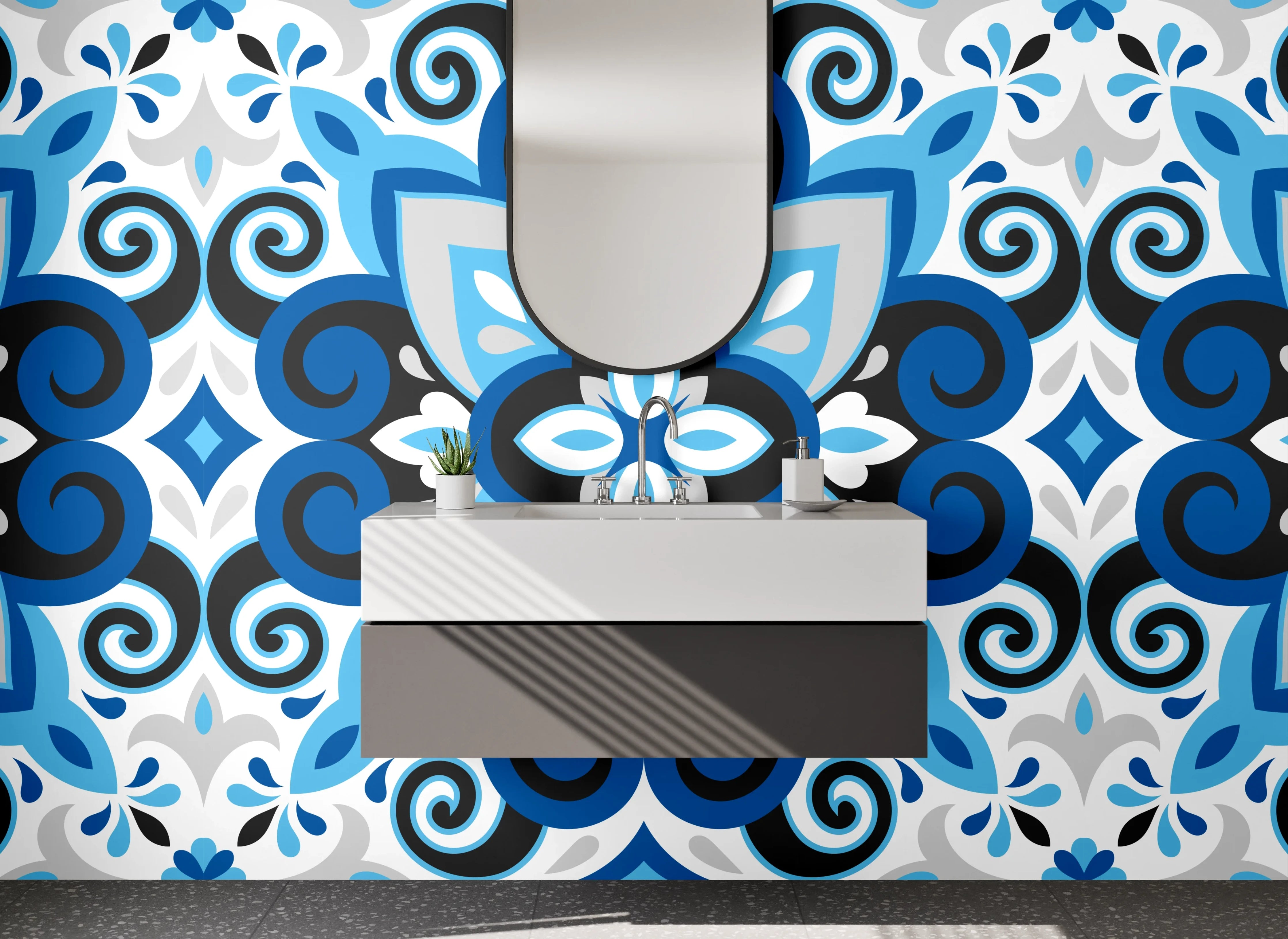 Waschbecken-Rückwand - Blaues Retro-Mosaik Muster Fliesen