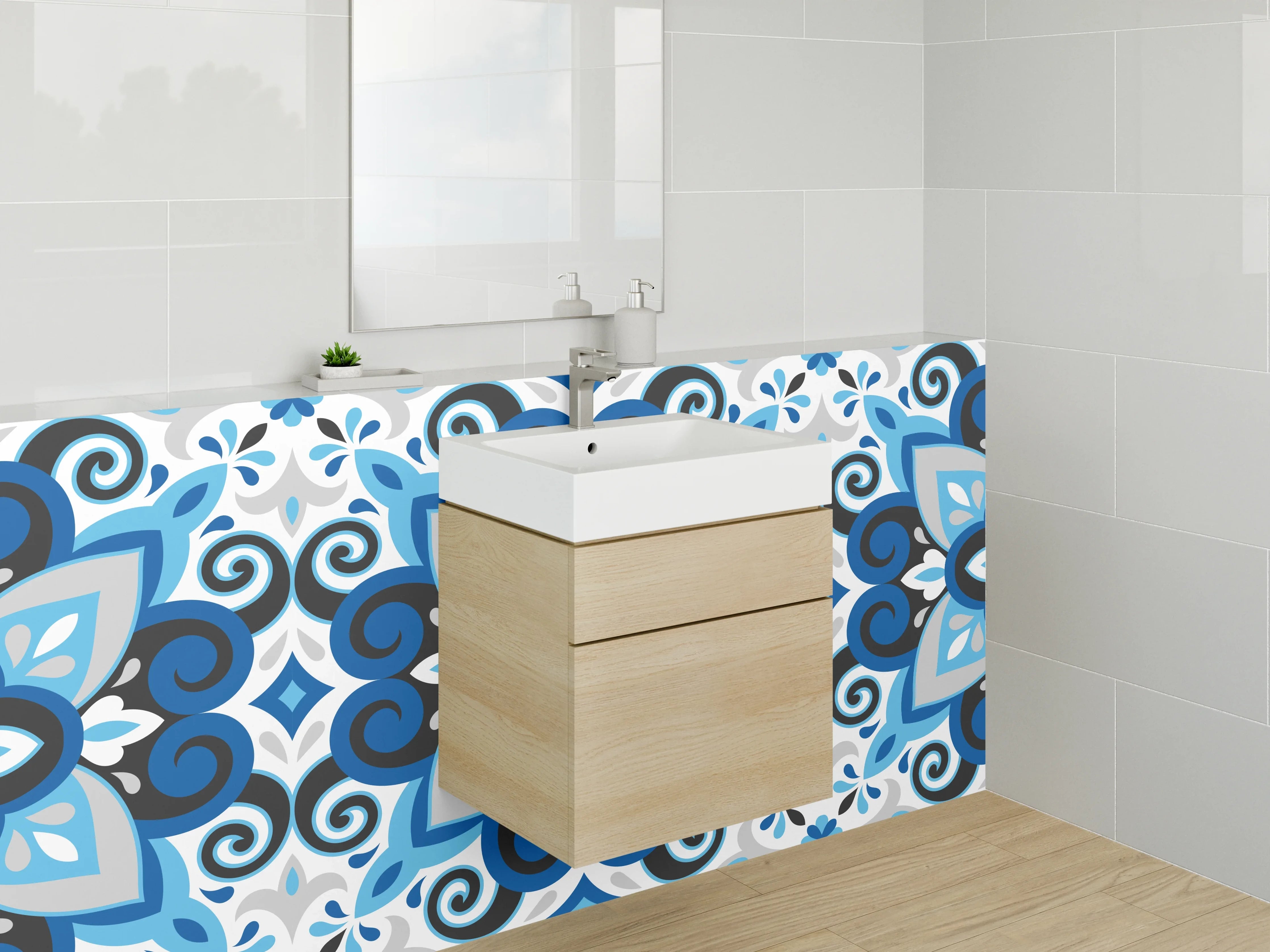 Waschbecken-Rückwand - Blaues Retro-Mosaik Muster Fliesen