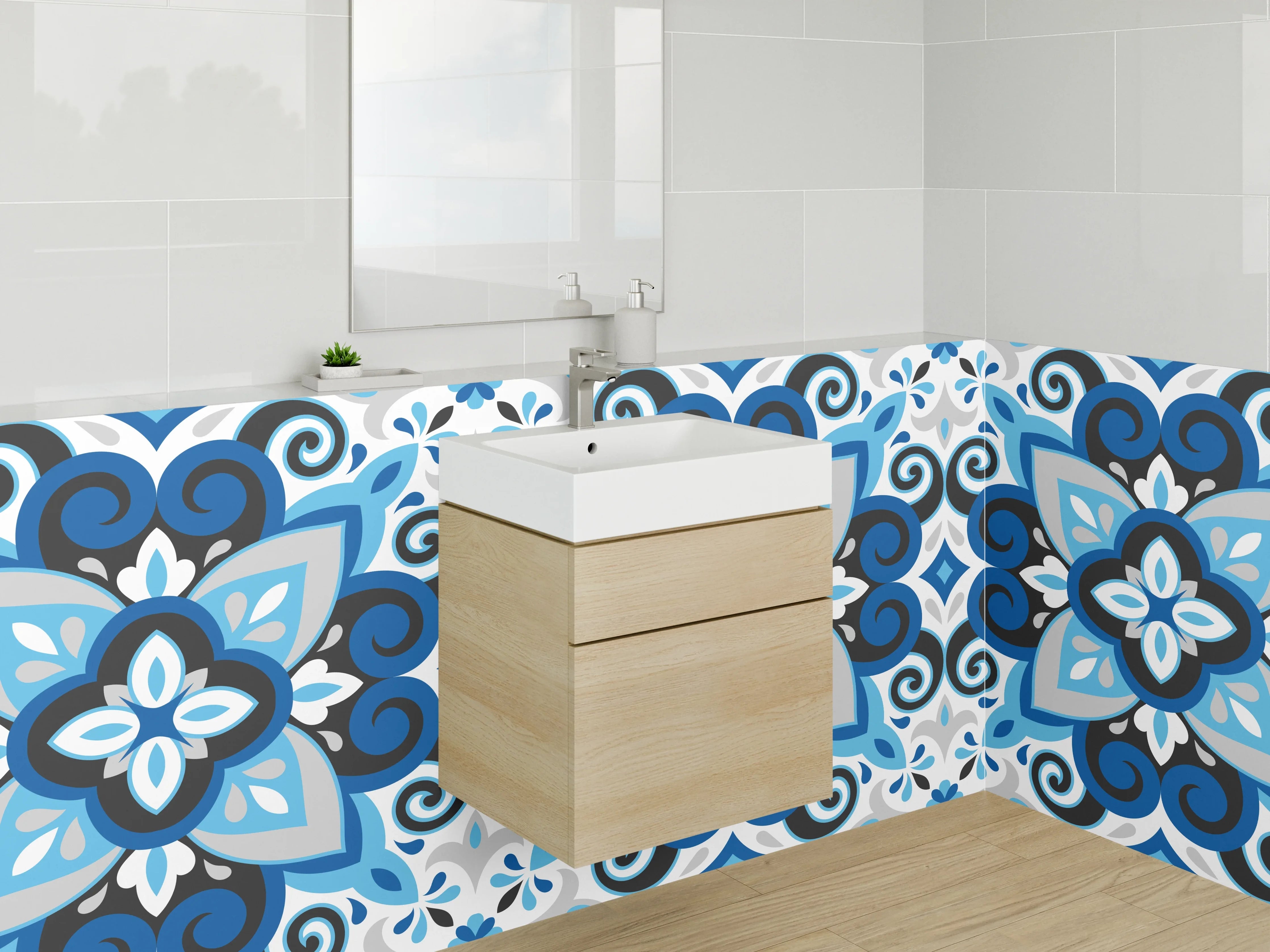 Waschbecken-Rückwand - Blaues Retro-Mosaik Muster Fliesen