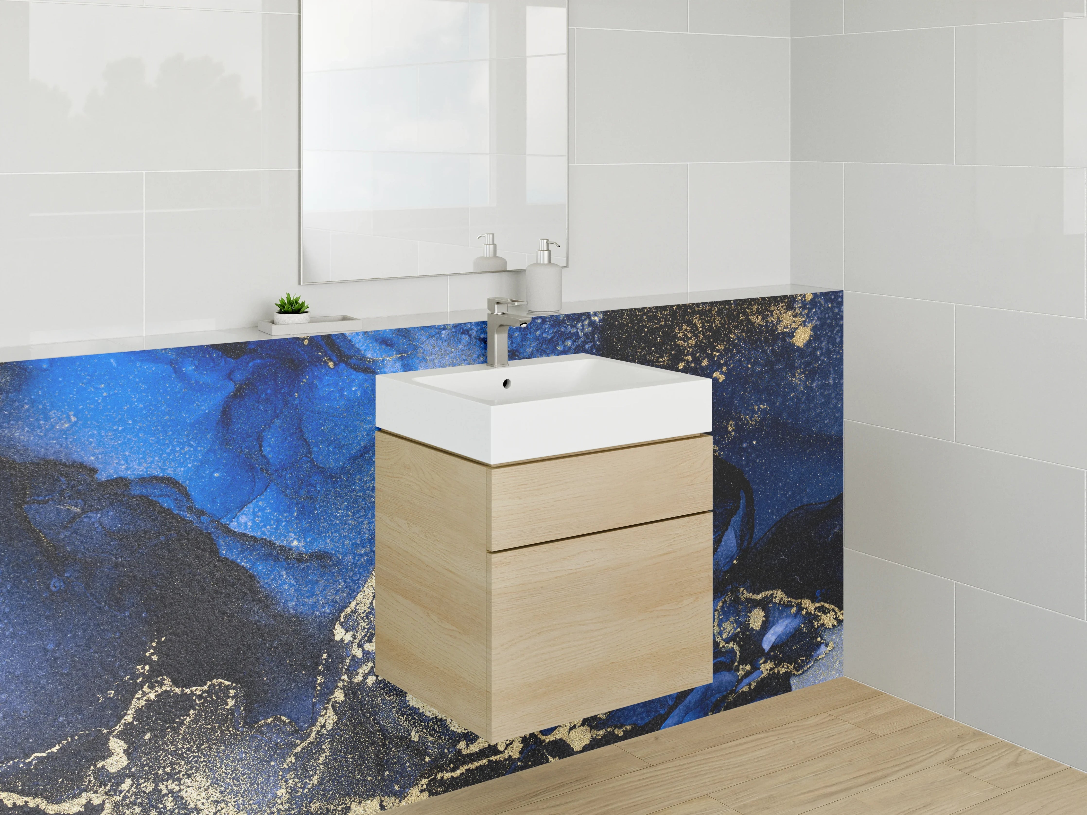 Waschbecken-Rückwand - Blaugraue Goldadern auf Marmorweiß
