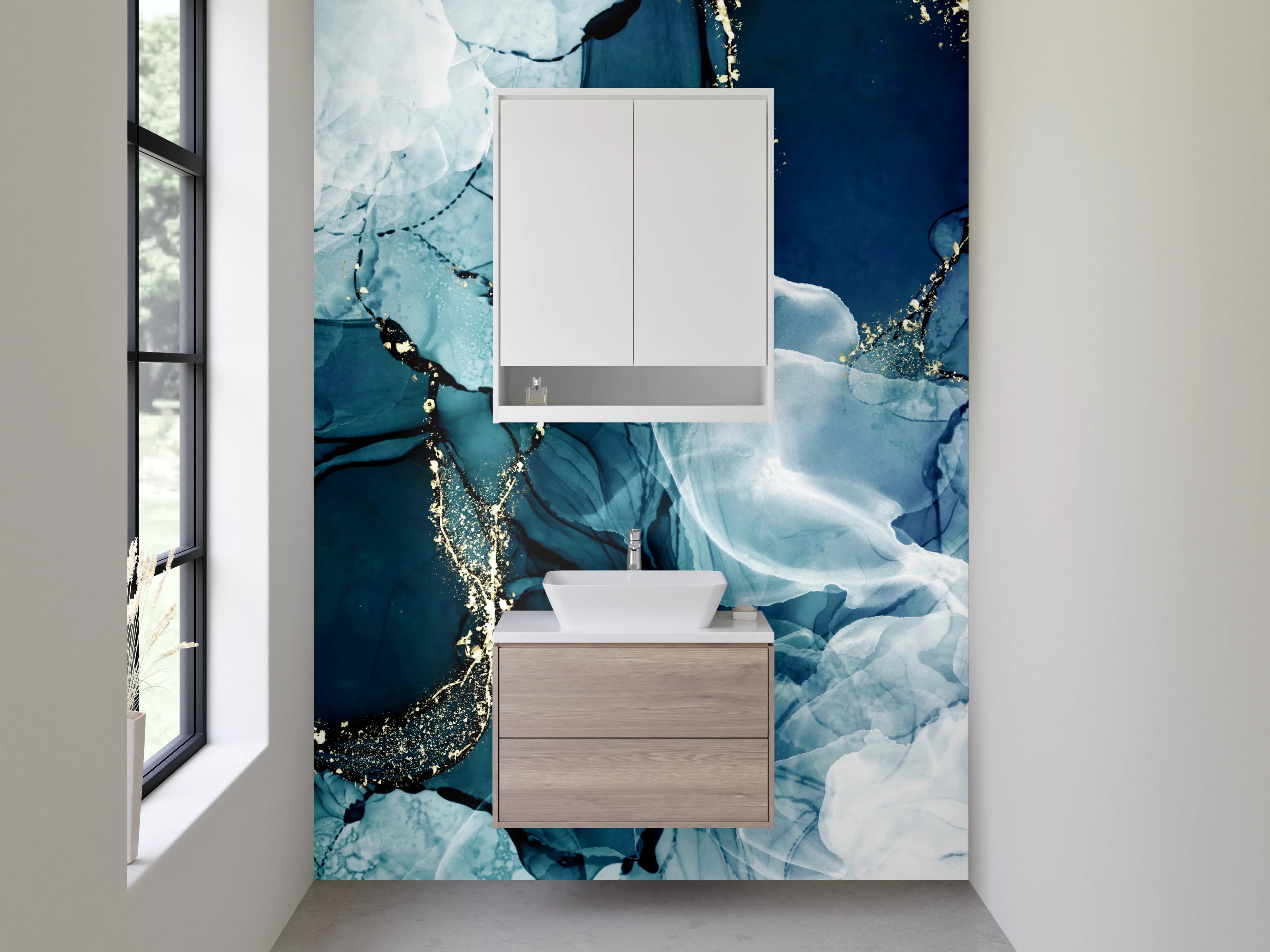 Waschbecken-Rückwand - Blaugraue Marmorschimmer auf Weiß