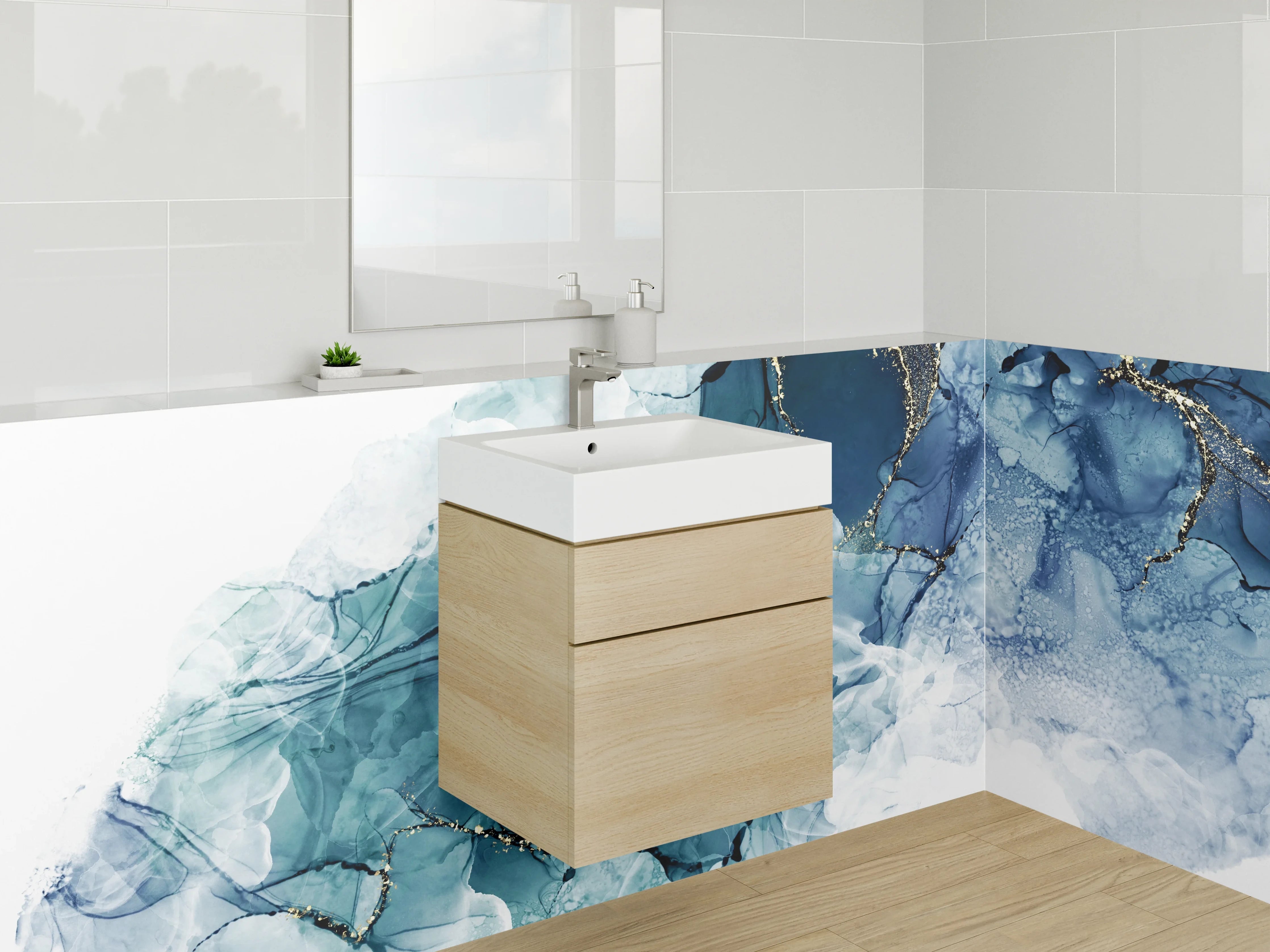 Waschbecken-Rückwand - Blaugraue Marmorschimmer auf Weiß