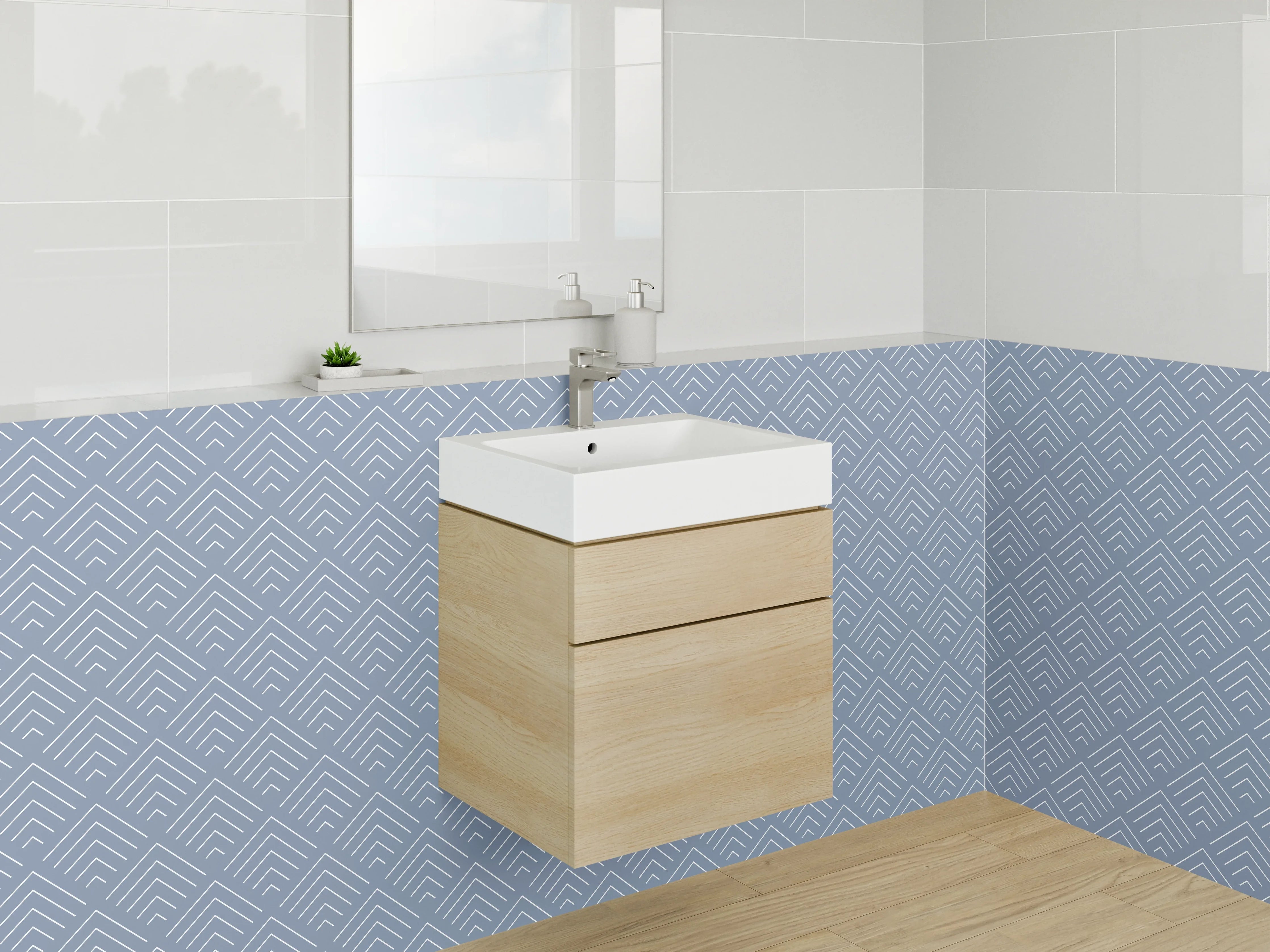 Waschbecken-Rückwand - Blaugraues Liniennetz mit Weißakzenten